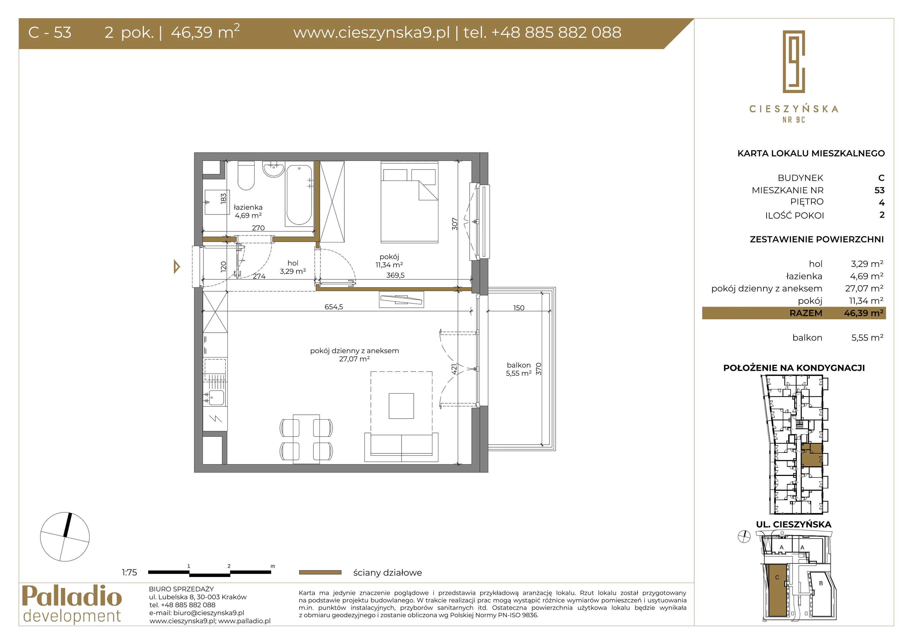 Mieszkanie 46,39 m², piętro 4, oferta nr C-53, Cieszyńska 9, Kraków, Krowodrza, Łobzów, ul. Cieszyńska 9