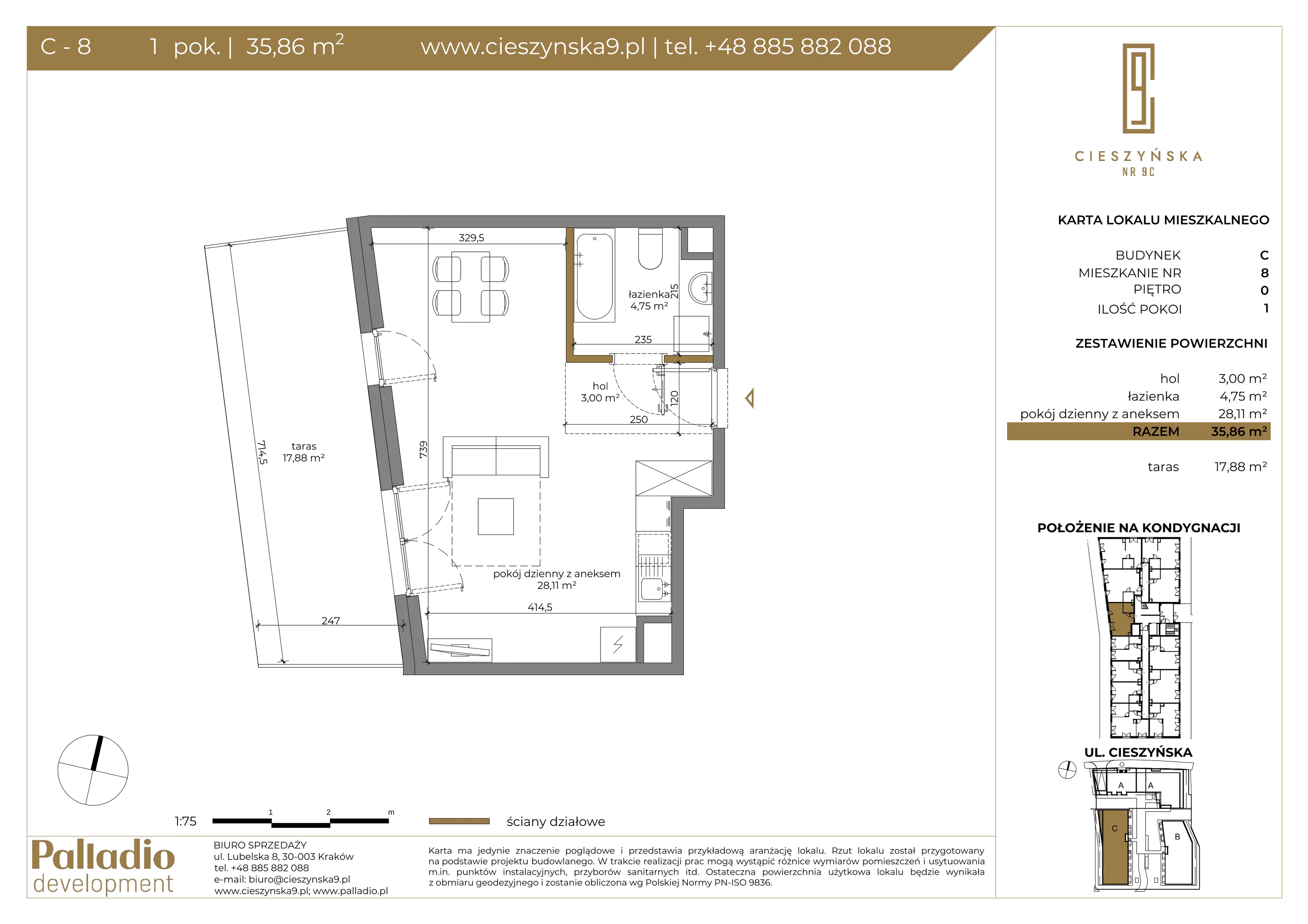 Mieszkanie 35,86 m², parter, oferta nr C-8, Cieszyńska 9, Kraków, Krowodrza, Łobzów, ul. Cieszyńska 9