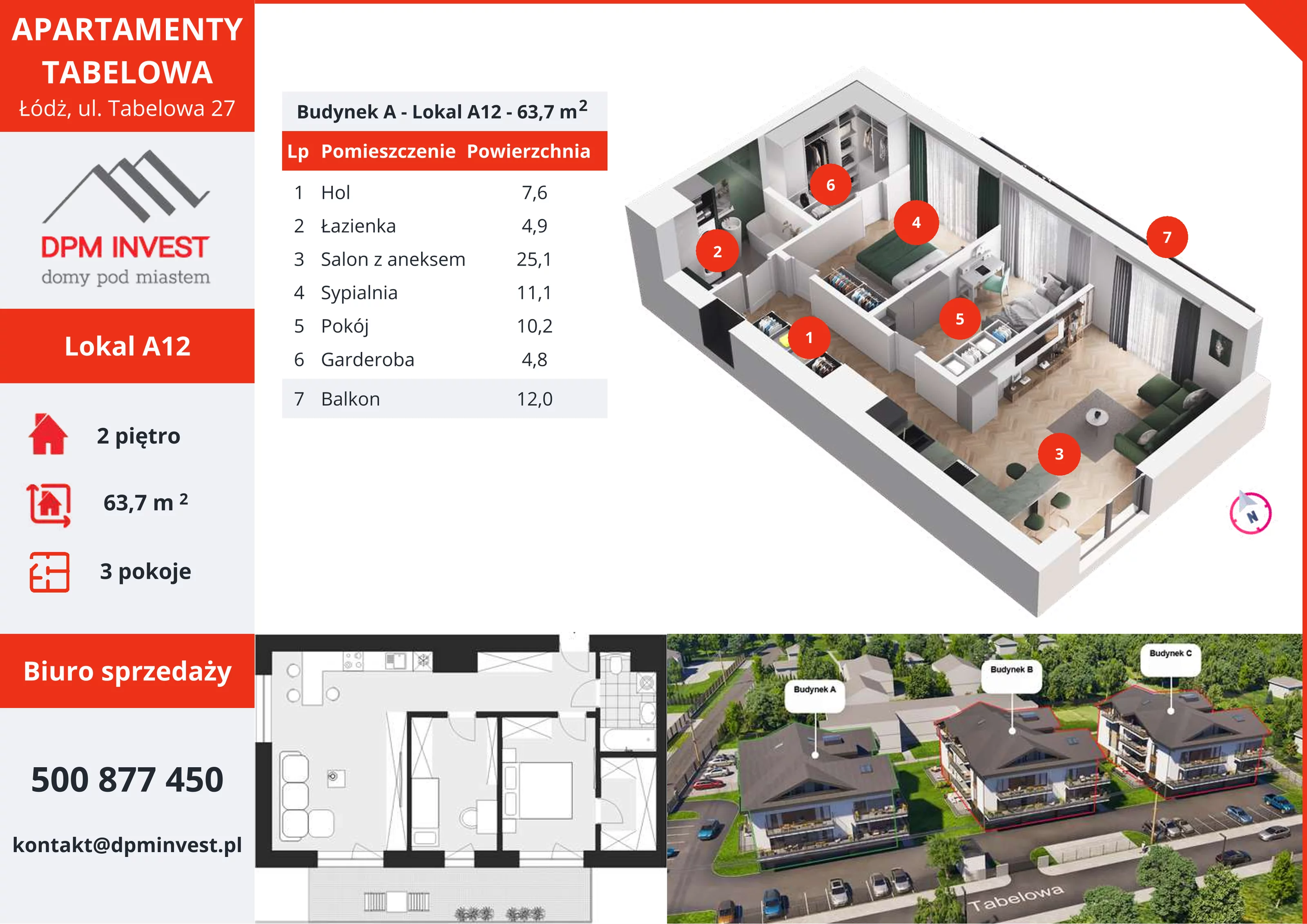 3 pokoje, mieszkanie 63,70 m², piętro 2, oferta nr A12, Apartamenty Tabelowa, Łódź, Górna, ul. Tabelowa 27
