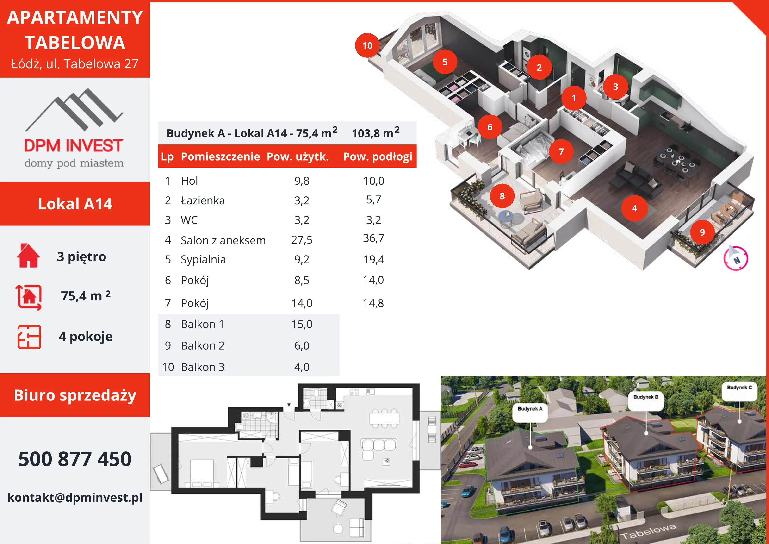 4 pokoje, mieszkanie 75,40 m², piętro 3, oferta nr A14, Apartamenty Tabelowa, Łódź, Górna, ul. Tabelowa 27