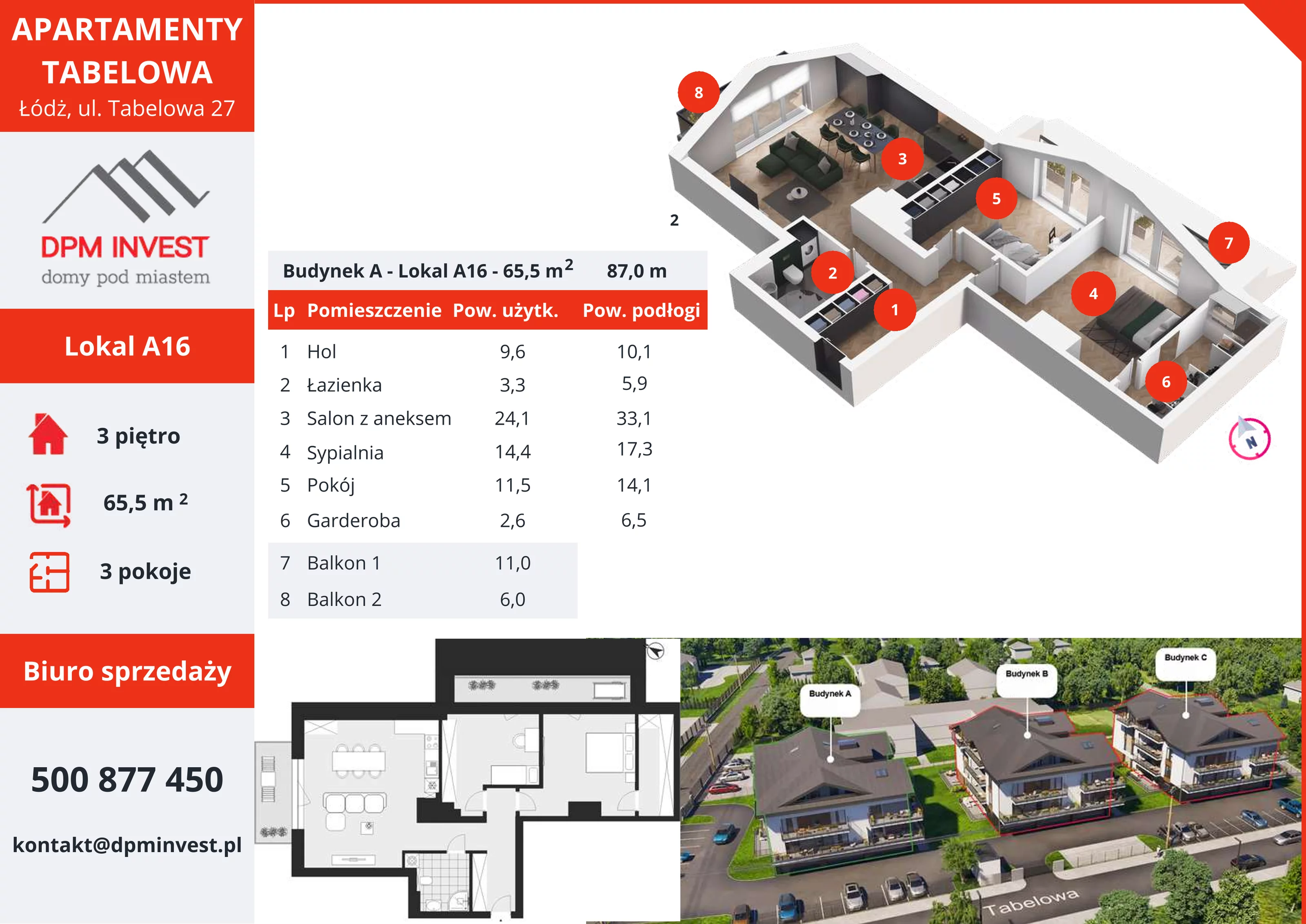 3 pokoje, mieszkanie 65,50 m², piętro 3, oferta nr A16, Apartamenty Tabelowa, Łódź, Górna, ul. Tabelowa 27