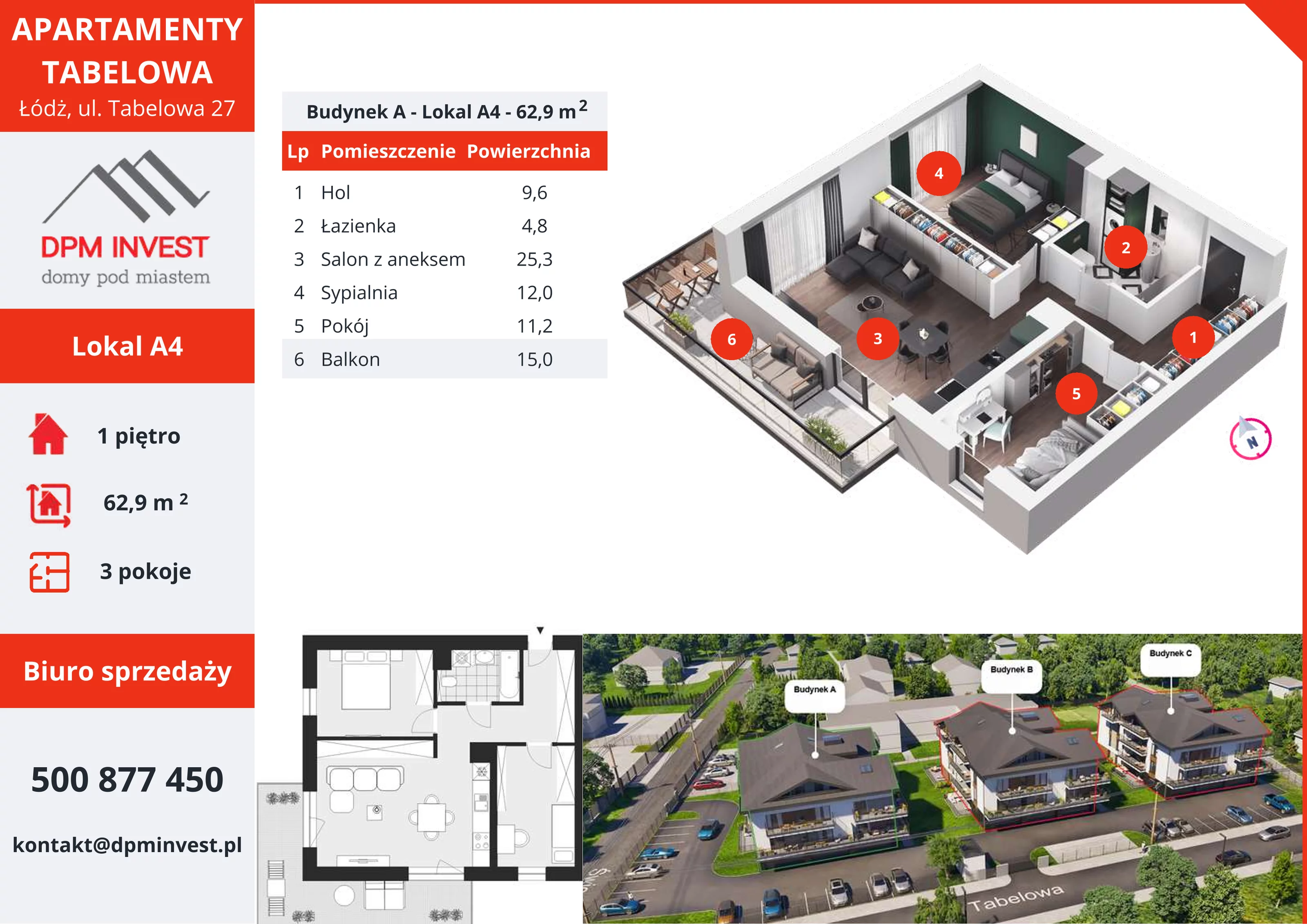 3 pokoje, mieszkanie 62,90 m², piętro 1, oferta nr A4, Apartamenty Tabelowa, Łódź, Górna, ul. Tabelowa 27