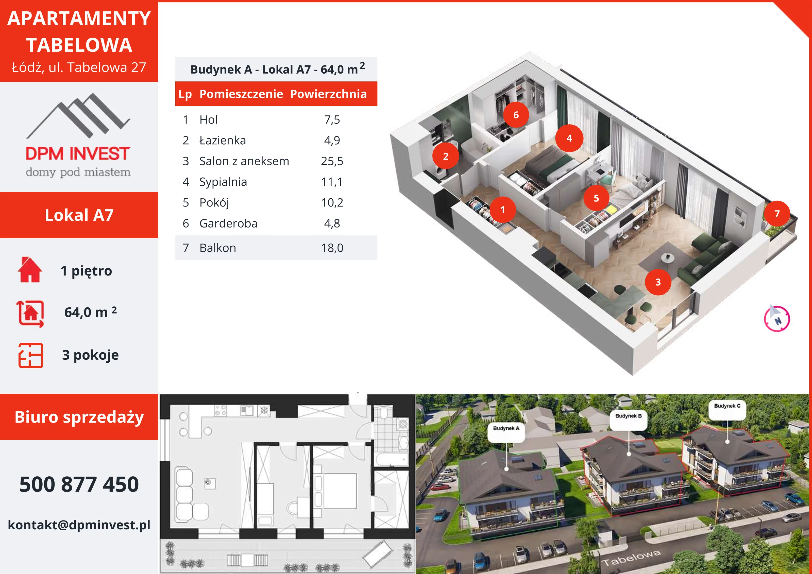 3 pokoje, mieszkanie 64,00 m², piętro 1, oferta nr A7, Apartamenty Tabelowa, Łódź, Górna, ul. Tabelowa 27