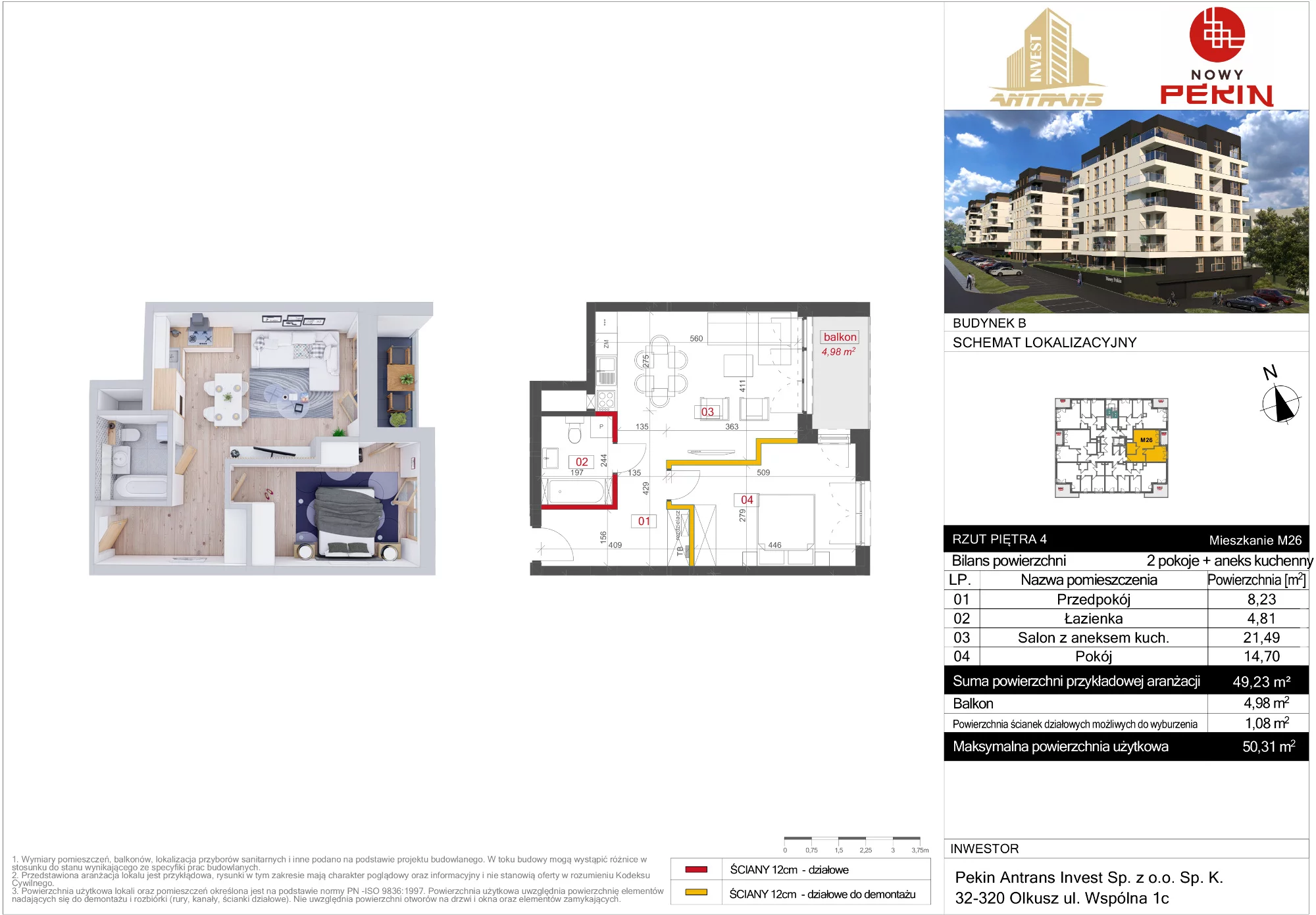 Mieszkanie 49,23 m², piętro 4, oferta nr B/26, Nowy Pekin, Sosnowiec, Klimontów, ul. Koszalińska