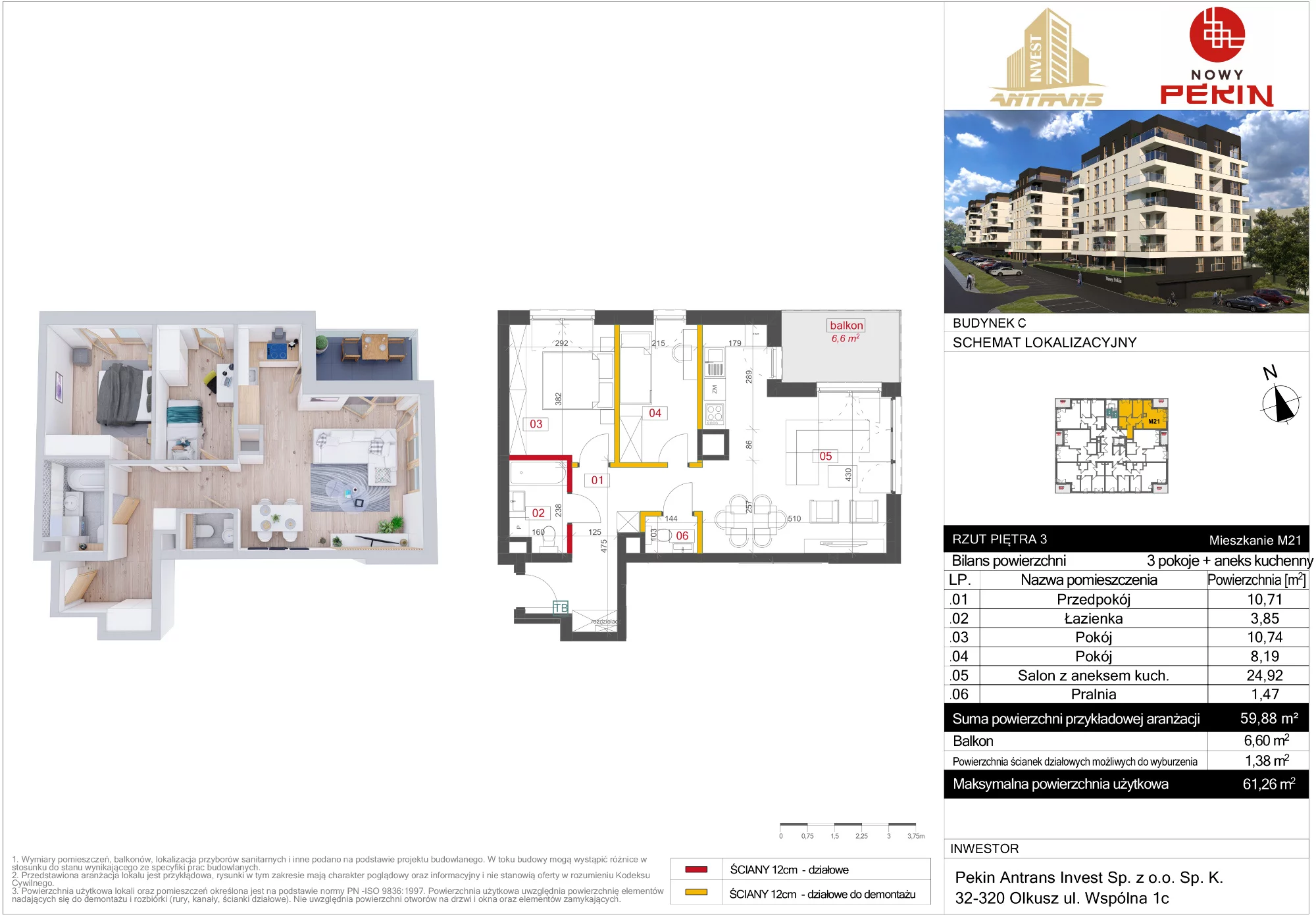 Mieszkanie 59,88 m², piętro 3, oferta nr C/21, Nowy Pekin, Sosnowiec, Klimontów, ul. Koszalińska