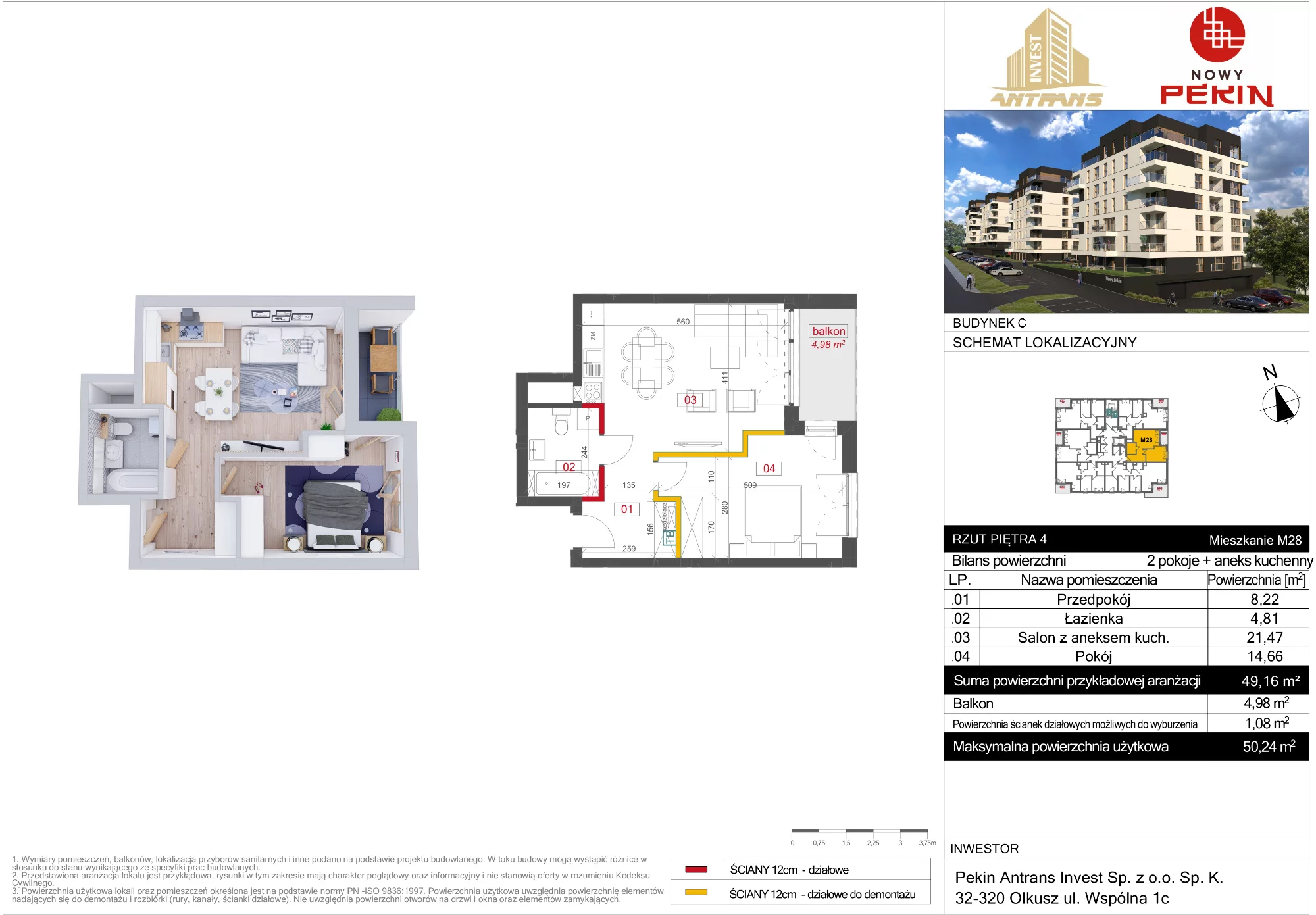 Mieszkanie 49,16 m², piętro 4, oferta nr C/28, Nowy Pekin, Sosnowiec, Klimontów, ul. Koszalińska