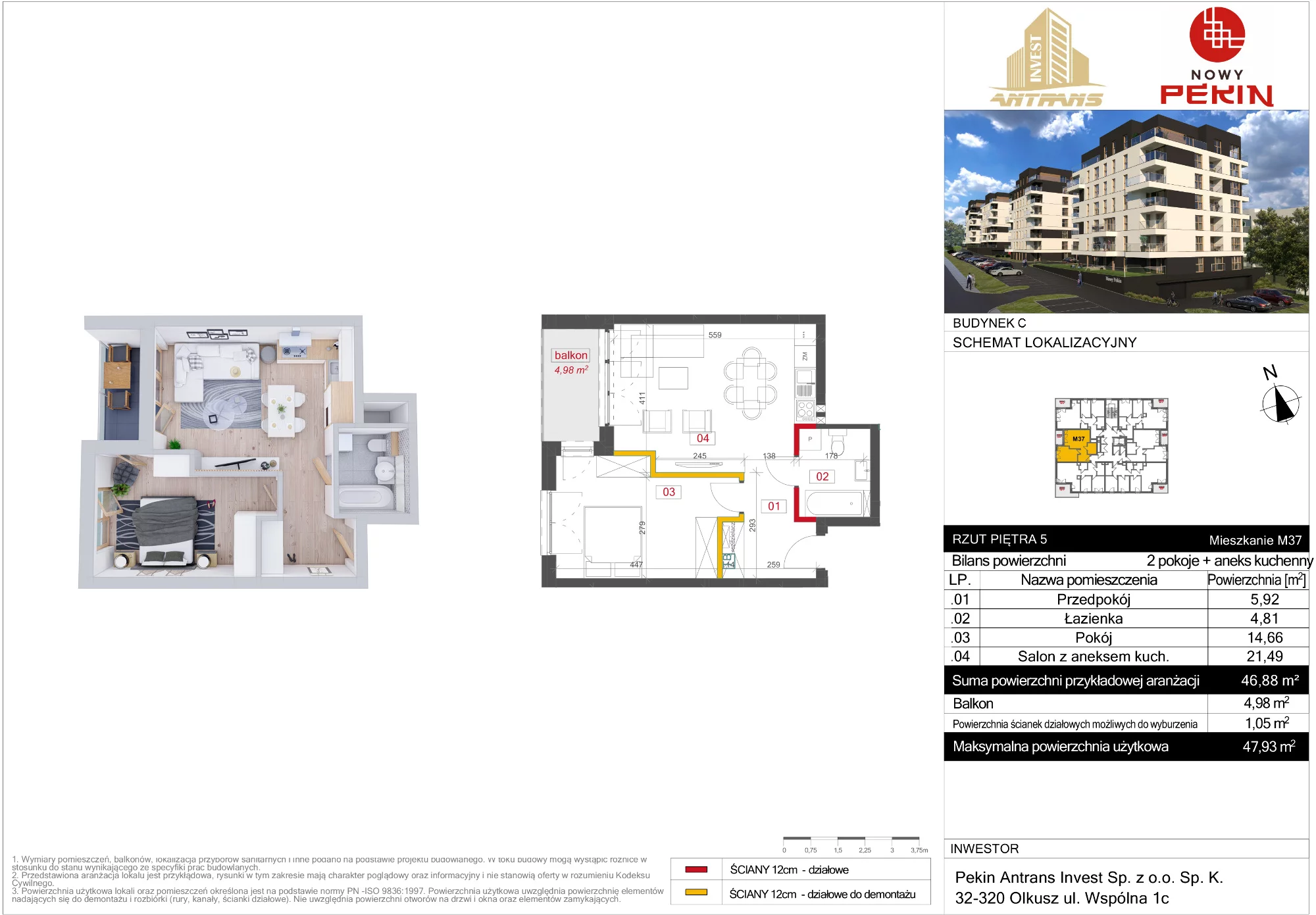 Mieszkanie 46,88 m², piętro 5, oferta nr C/37, Nowy Pekin, Sosnowiec, Klimontów, ul. Koszalińska