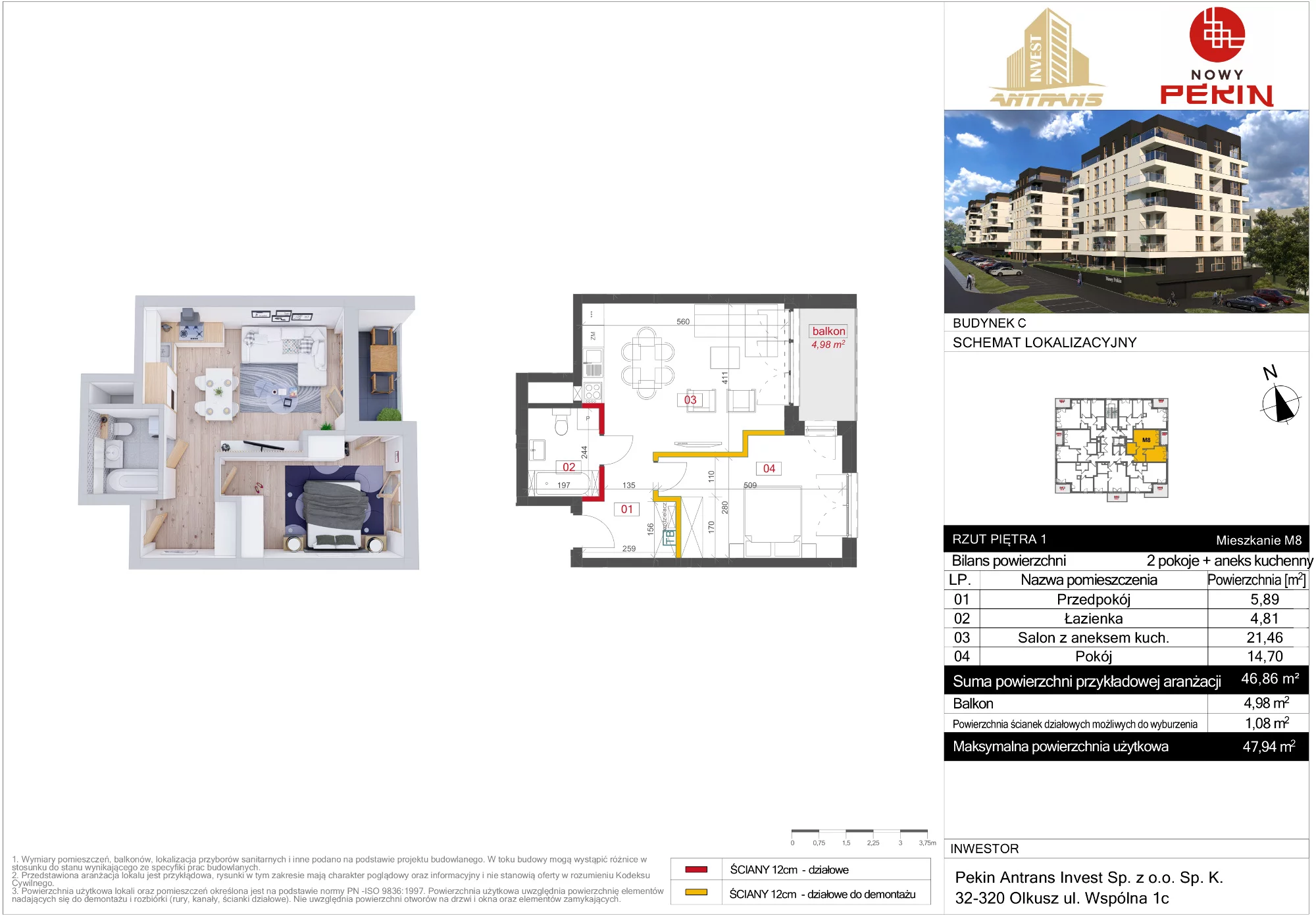 Mieszkanie 46,86 m², piętro 1, oferta nr C/8, Nowy Pekin, Sosnowiec, Klimontów, ul. Koszalińska