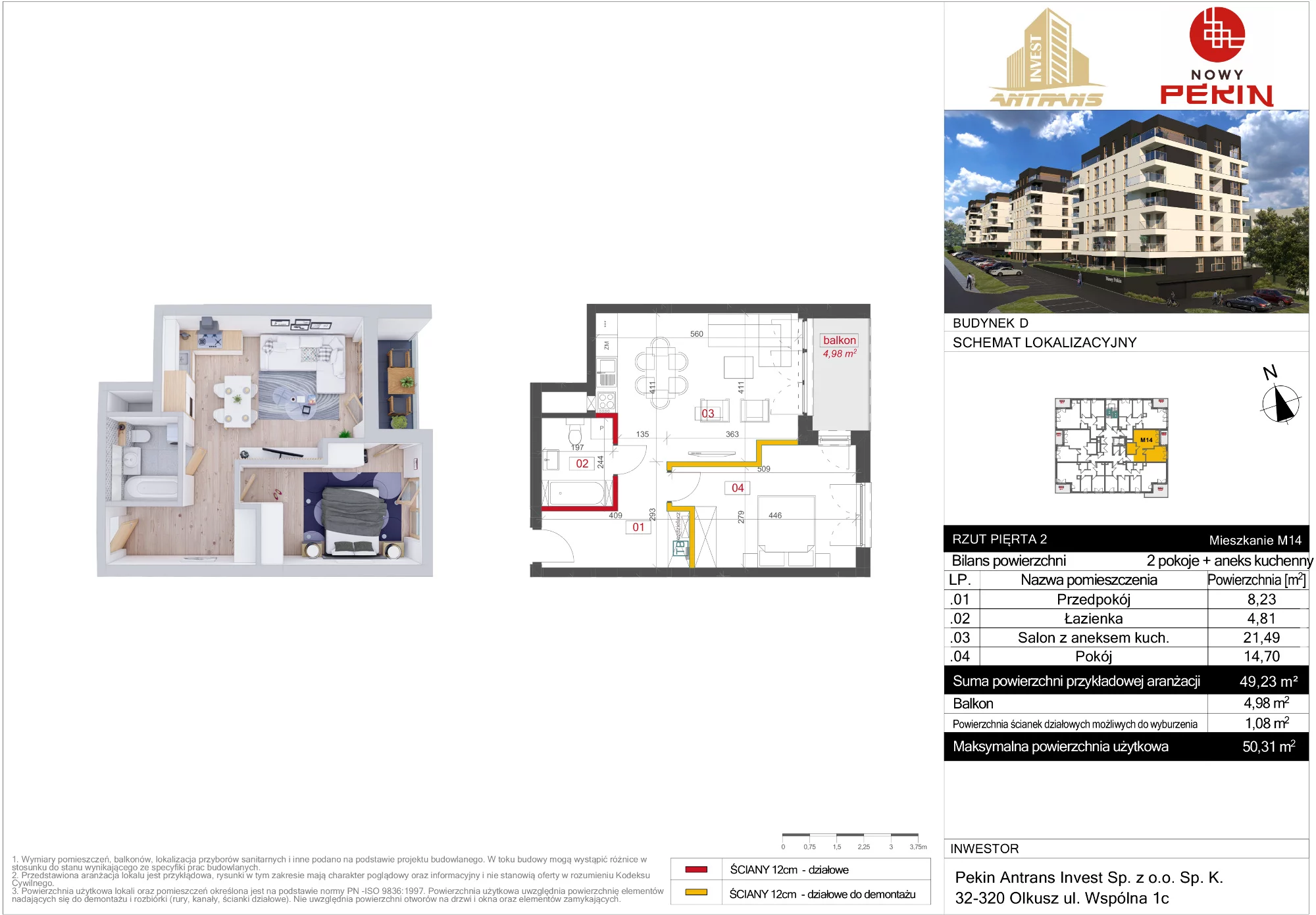 Mieszkanie 49,23 m², piętro 2, oferta nr D/14, Nowy Pekin, Sosnowiec, Klimontów, ul. Koszalińska