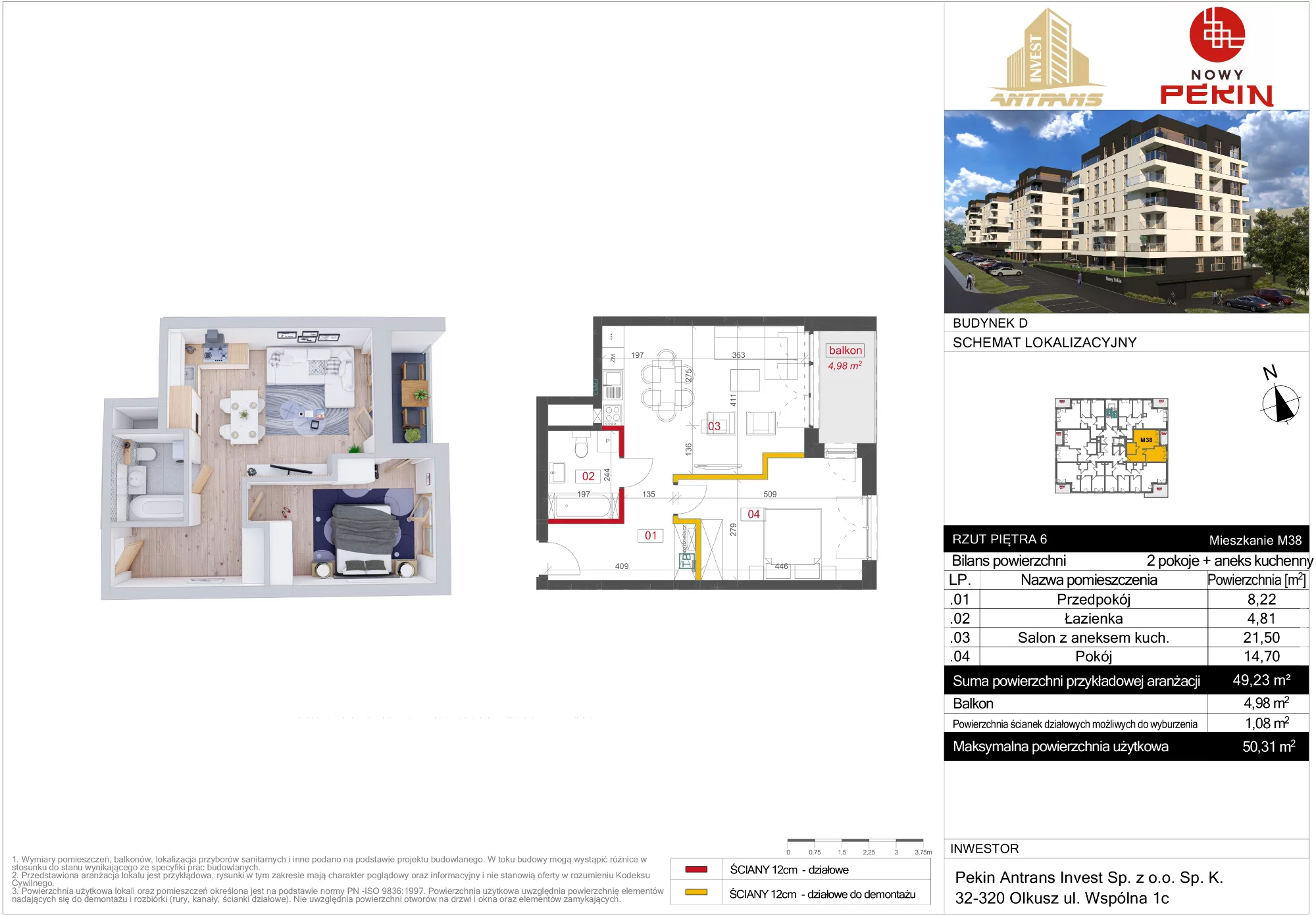 Mieszkanie 49,23 m², piętro 6, oferta nr D/38, Nowy Pekin, Sosnowiec, Klimontów, ul. Koszalińska