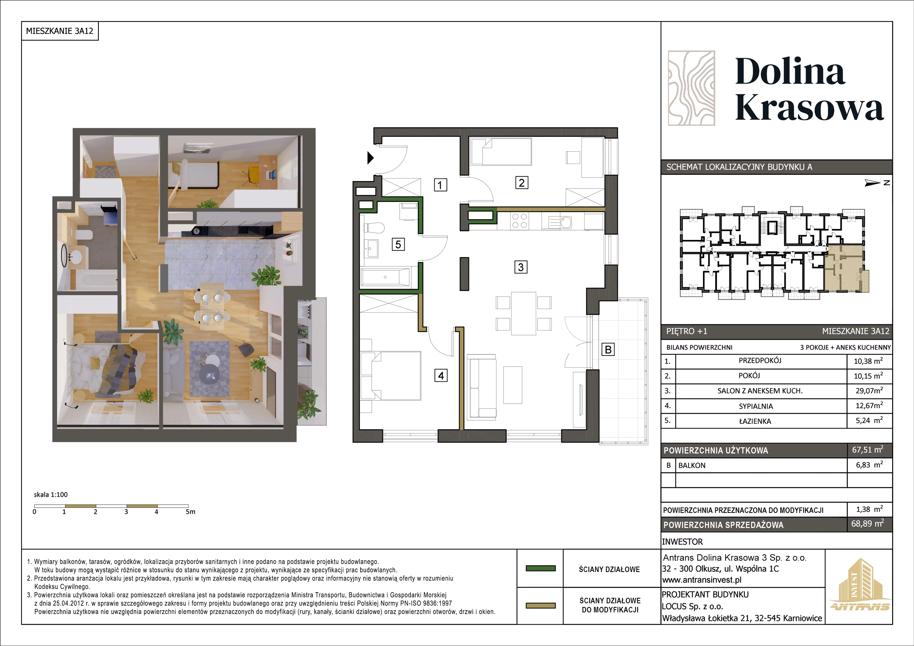 3 pokoje, mieszkanie 68,89 m², piętro 1, oferta nr 3A12, Dolina Krasowa, Krzeszowice, ul. Krasowa