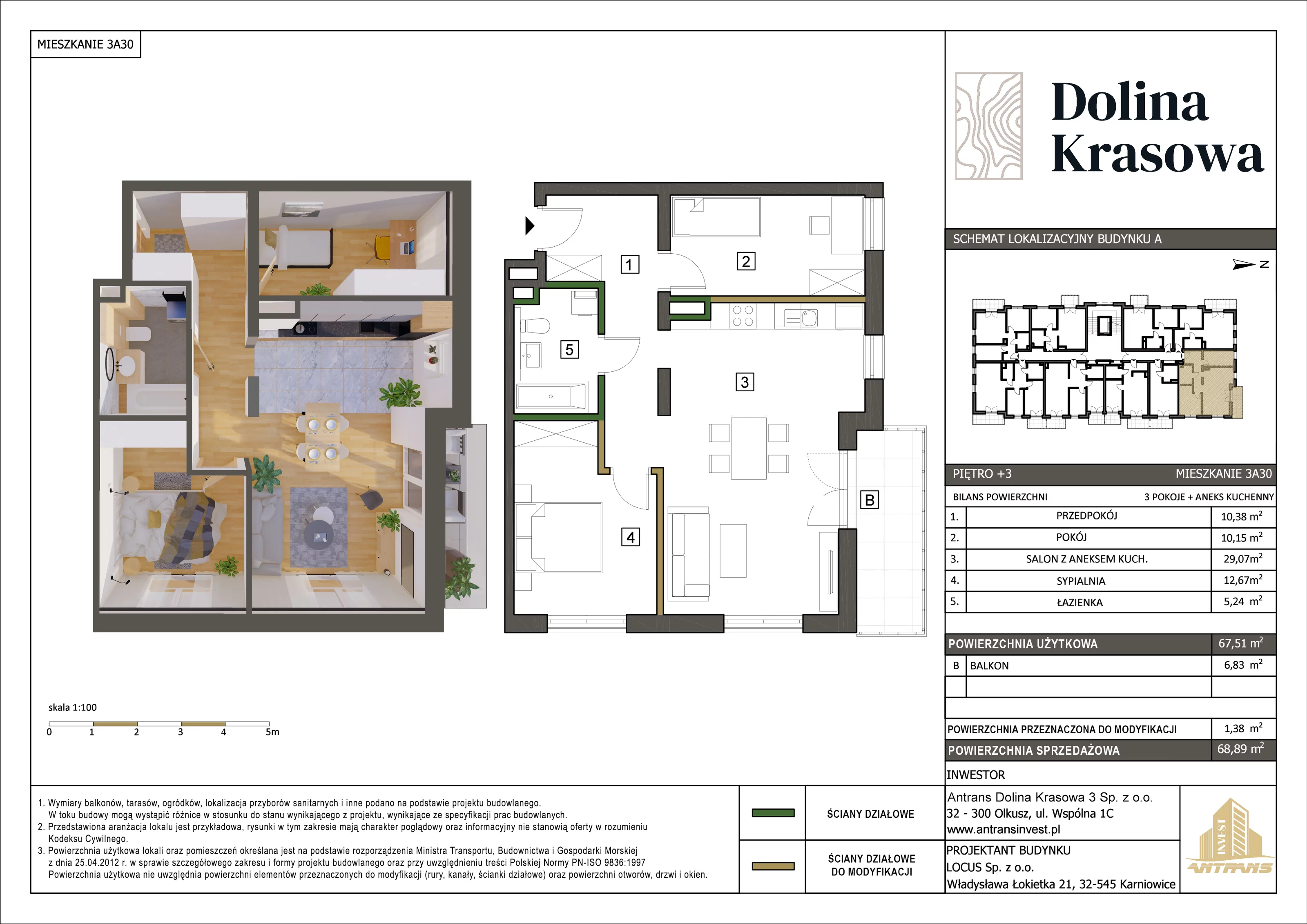 3 pokoje, mieszkanie 68,89 m², piętro 3, oferta nr 3A30, Dolina Krasowa, Krzeszowice, ul. Krasowa