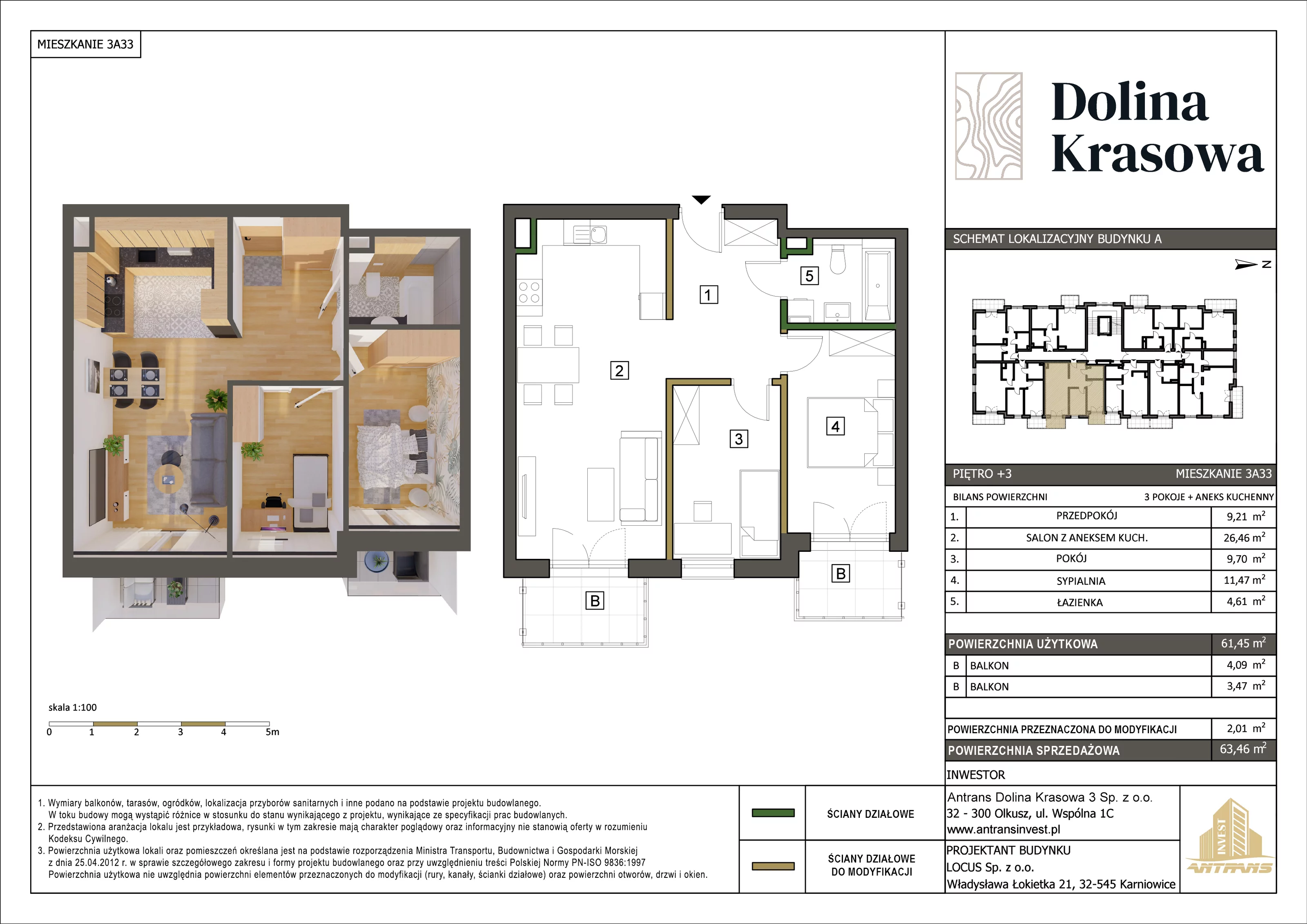 3 pokoje, mieszkanie 63,46 m², piętro 3, oferta nr 3A33, Dolina Krasowa, Krzeszowice, ul. Krasowa