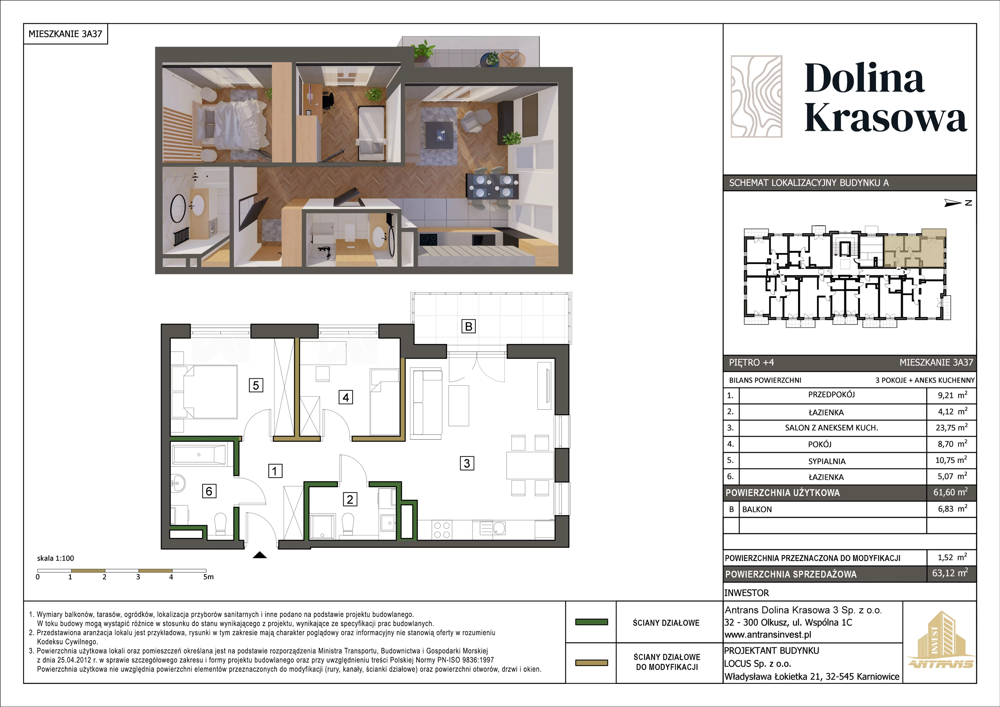 3 pokoje, mieszkanie 63,12 m², piętro 4, oferta nr 3A37, Dolina Krasowa, Krzeszowice, ul. Krasowa