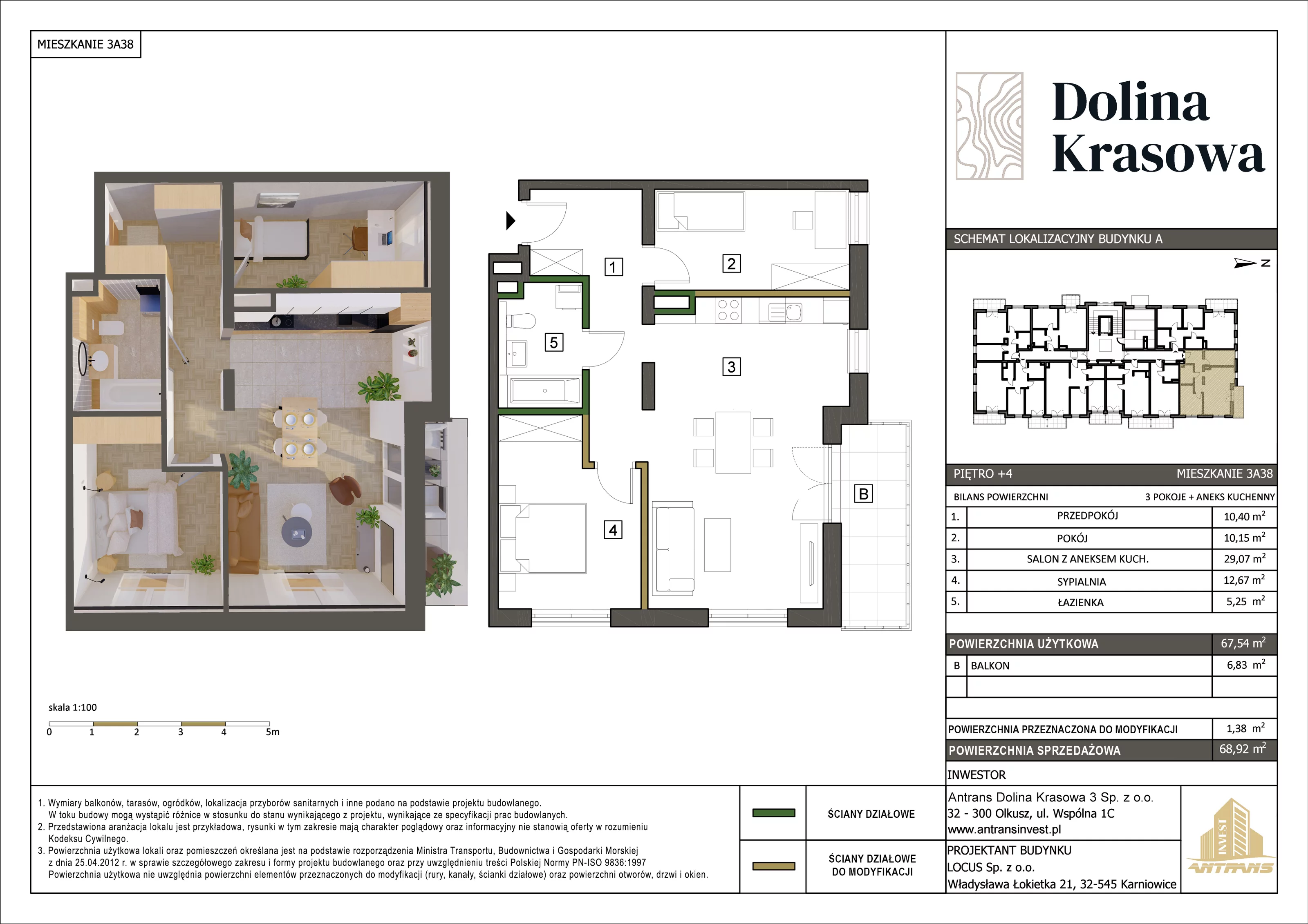 3 pokoje, mieszkanie 68,92 m², piętro 4, oferta nr 3A38, Dolina Krasowa, Krzeszowice, ul. Krasowa