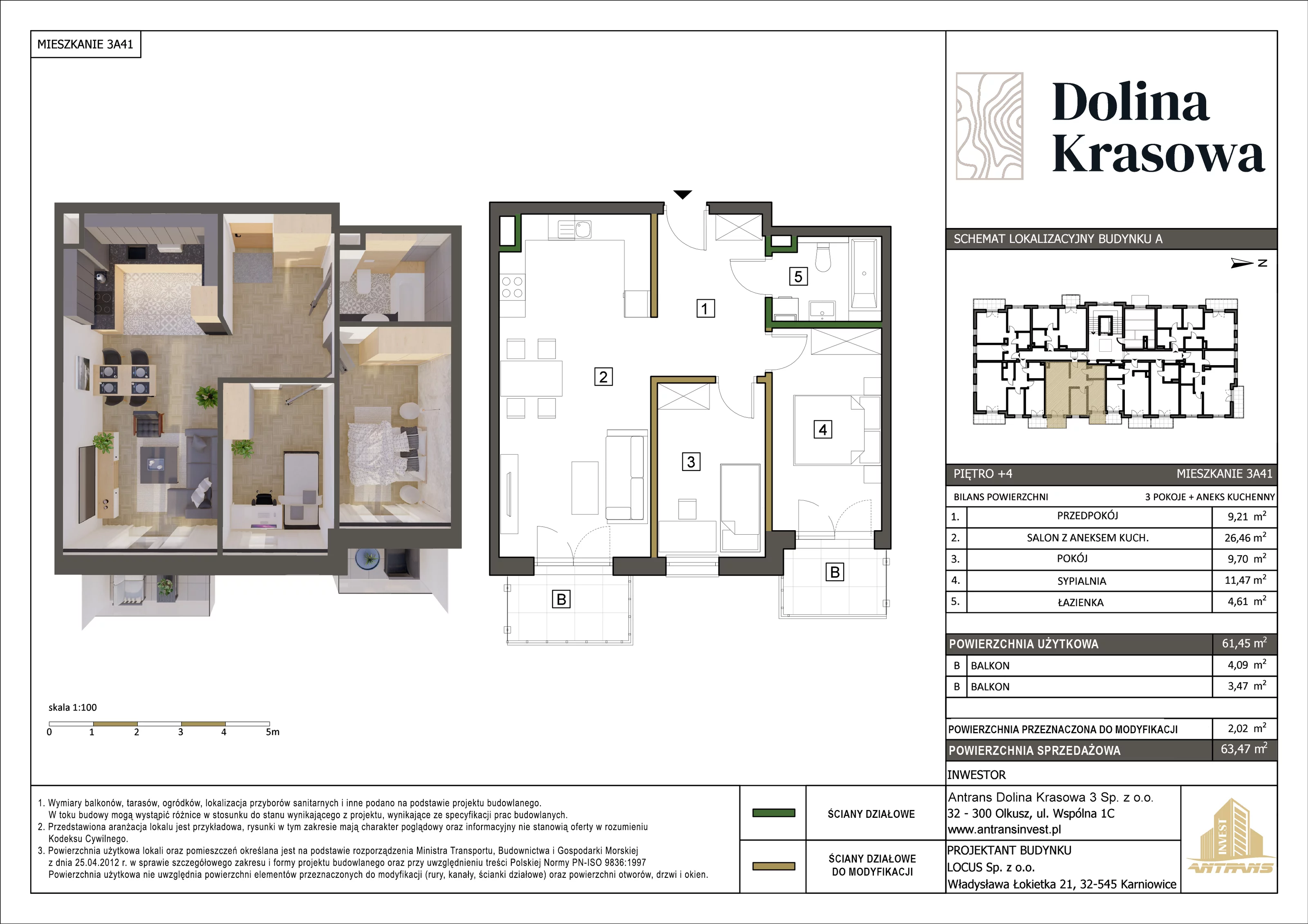 3 pokoje, mieszkanie 63,47 m², piętro 4, oferta nr 3A41, Dolina Krasowa, Krzeszowice, ul. Krasowa