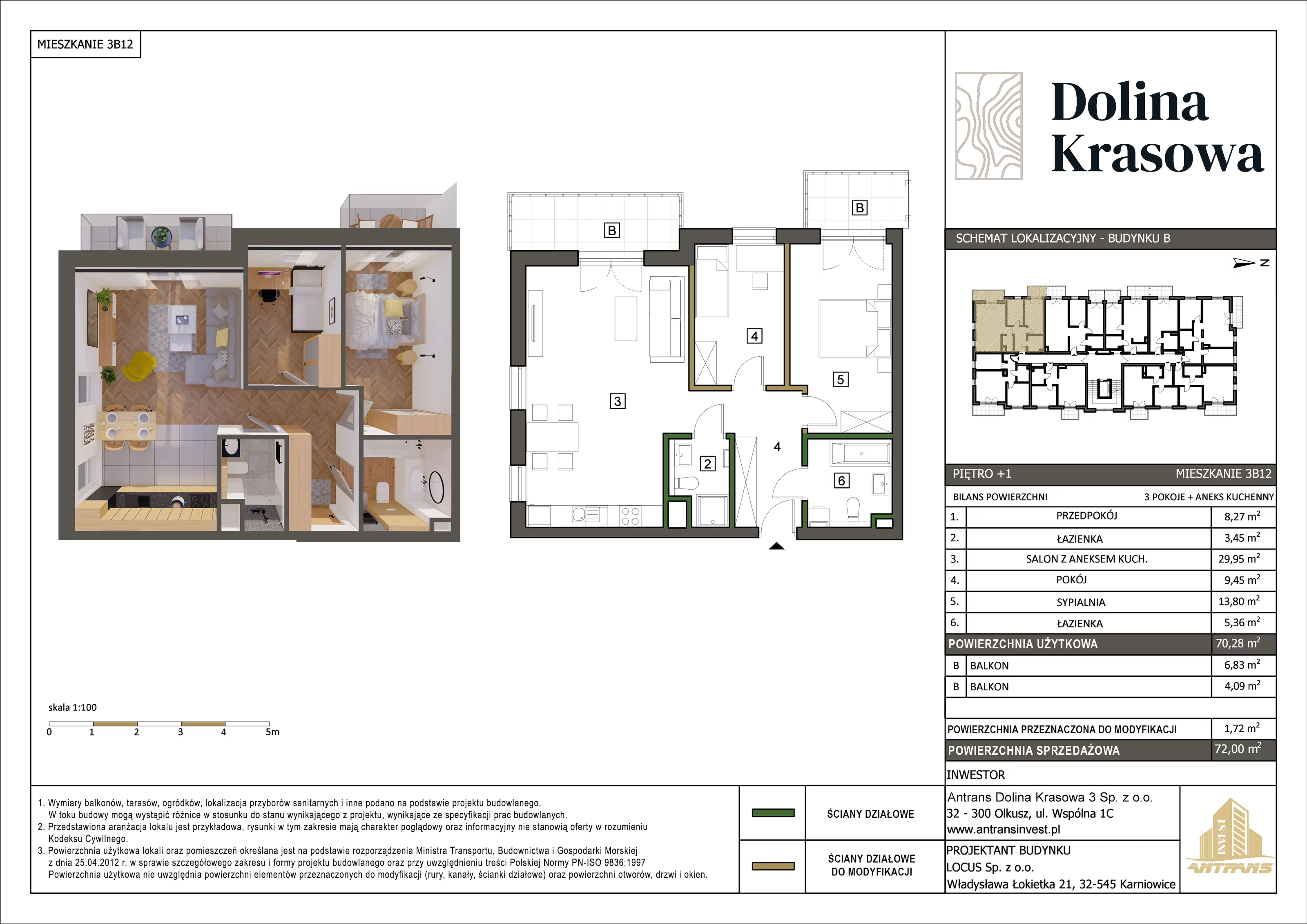 3 pokoje, mieszkanie 72,00 m², piętro 1, oferta nr 3B12, Dolina Krasowa, Krzeszowice, ul. Krasowa