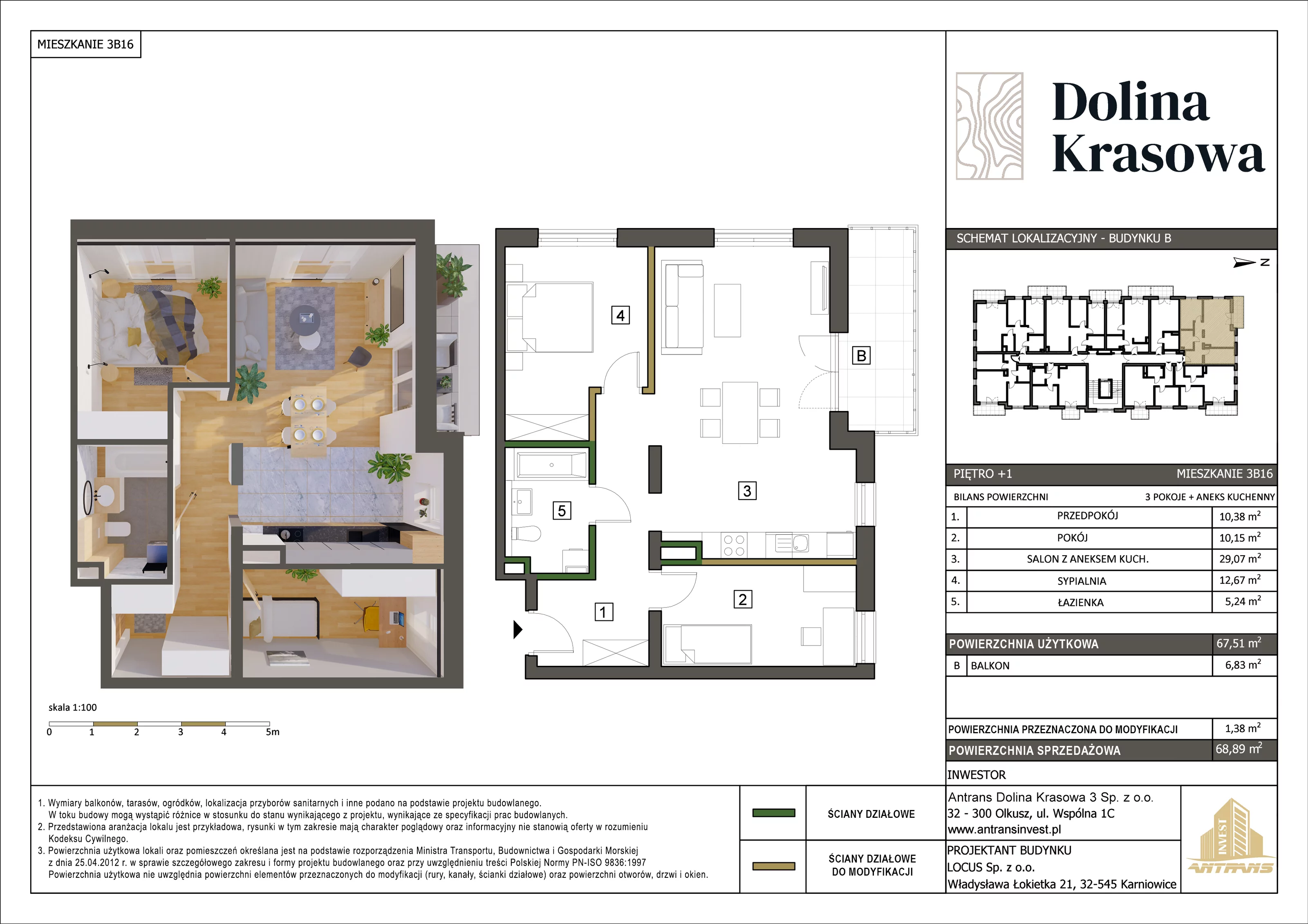 3 pokoje, mieszkanie 68,89 m², piętro 1, oferta nr 3B16, Dolina Krasowa, Krzeszowice, ul. Krasowa