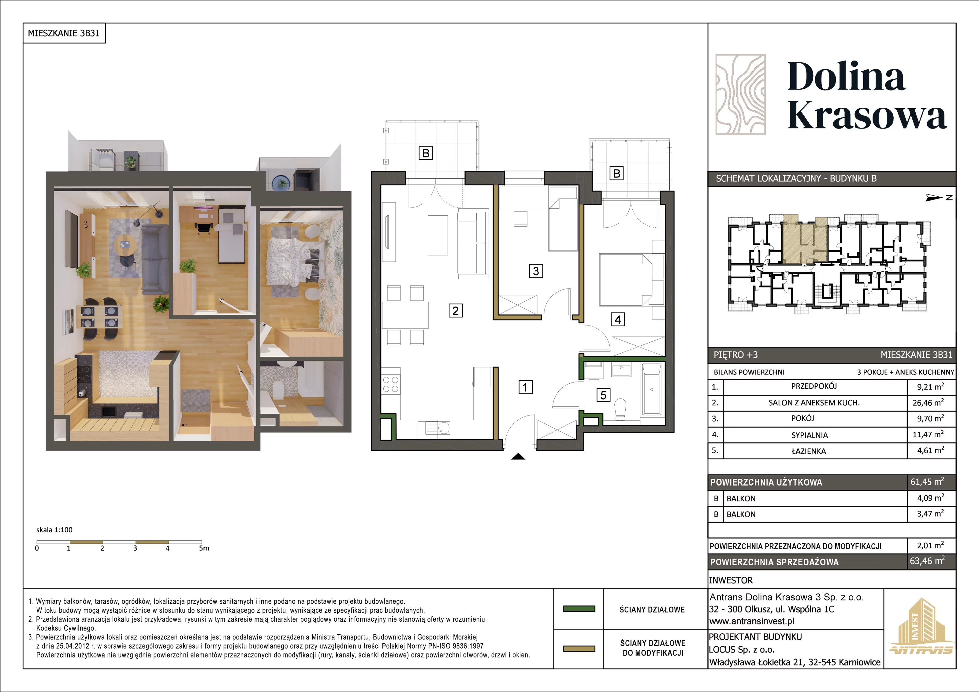 3 pokoje, mieszkanie 63,46 m², piętro 3, oferta nr 3B31, Dolina Krasowa, Krzeszowice, ul. Krasowa