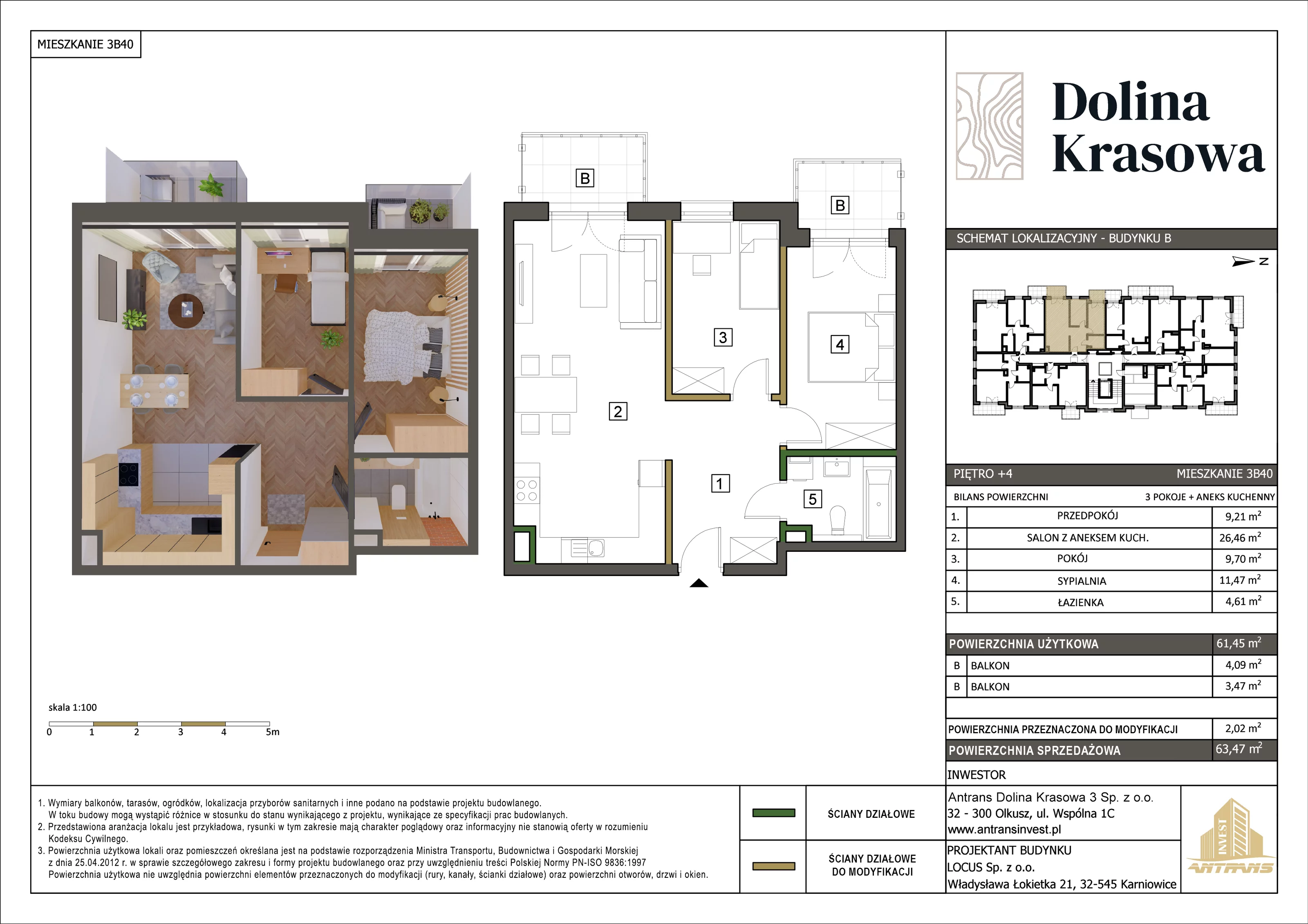 3 pokoje, mieszkanie 63,47 m², piętro 4, oferta nr 3B40, Dolina Krasowa, Krzeszowice, ul. Krasowa