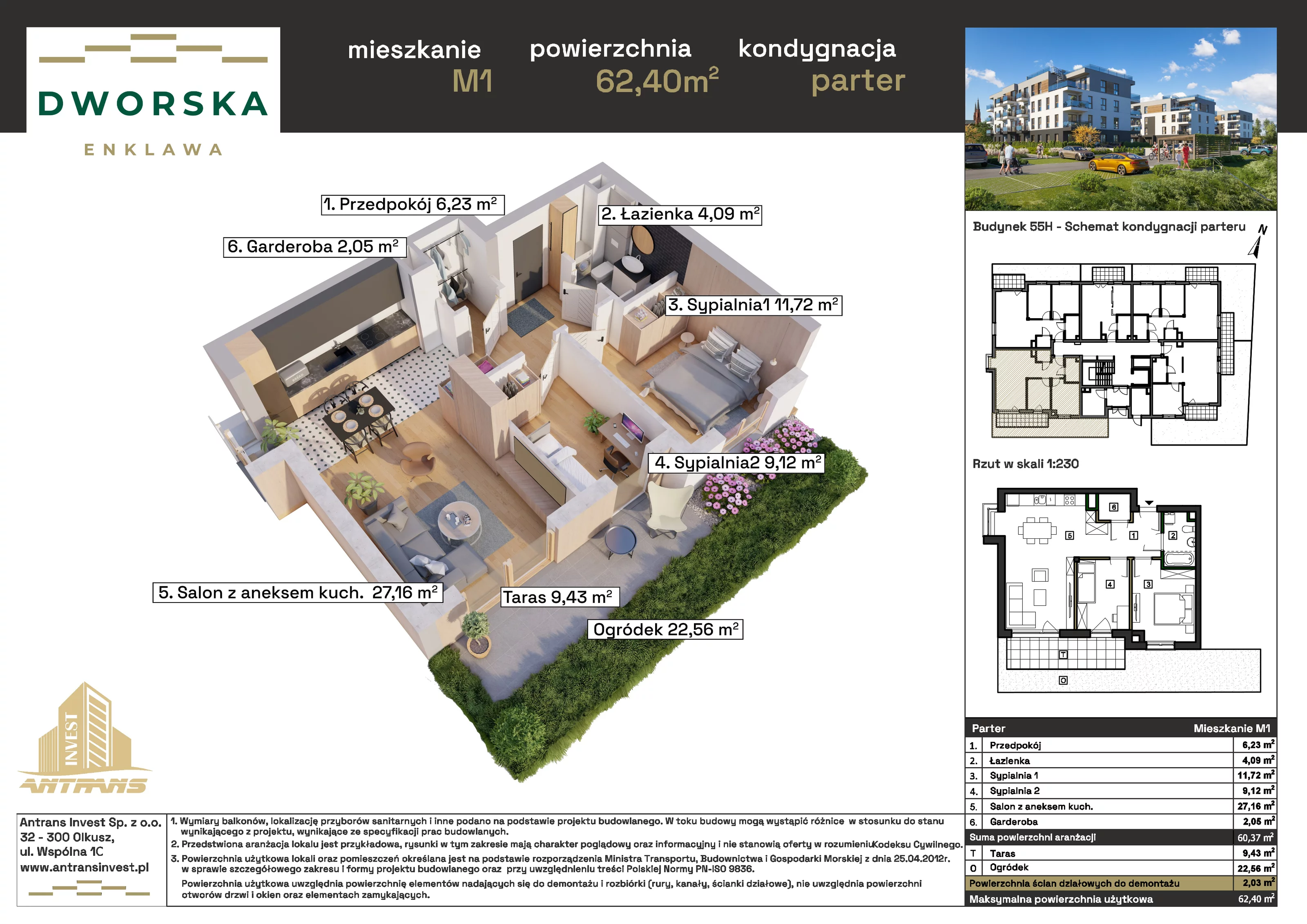 3 pokoje, mieszkanie 62,40 m², parter, oferta nr 1M.1, Dworska Enklawa, Sosnowiec, Zagórze, Zagórze, ul. Dworska 40 (róg Dworskiej i Popiełuszki)