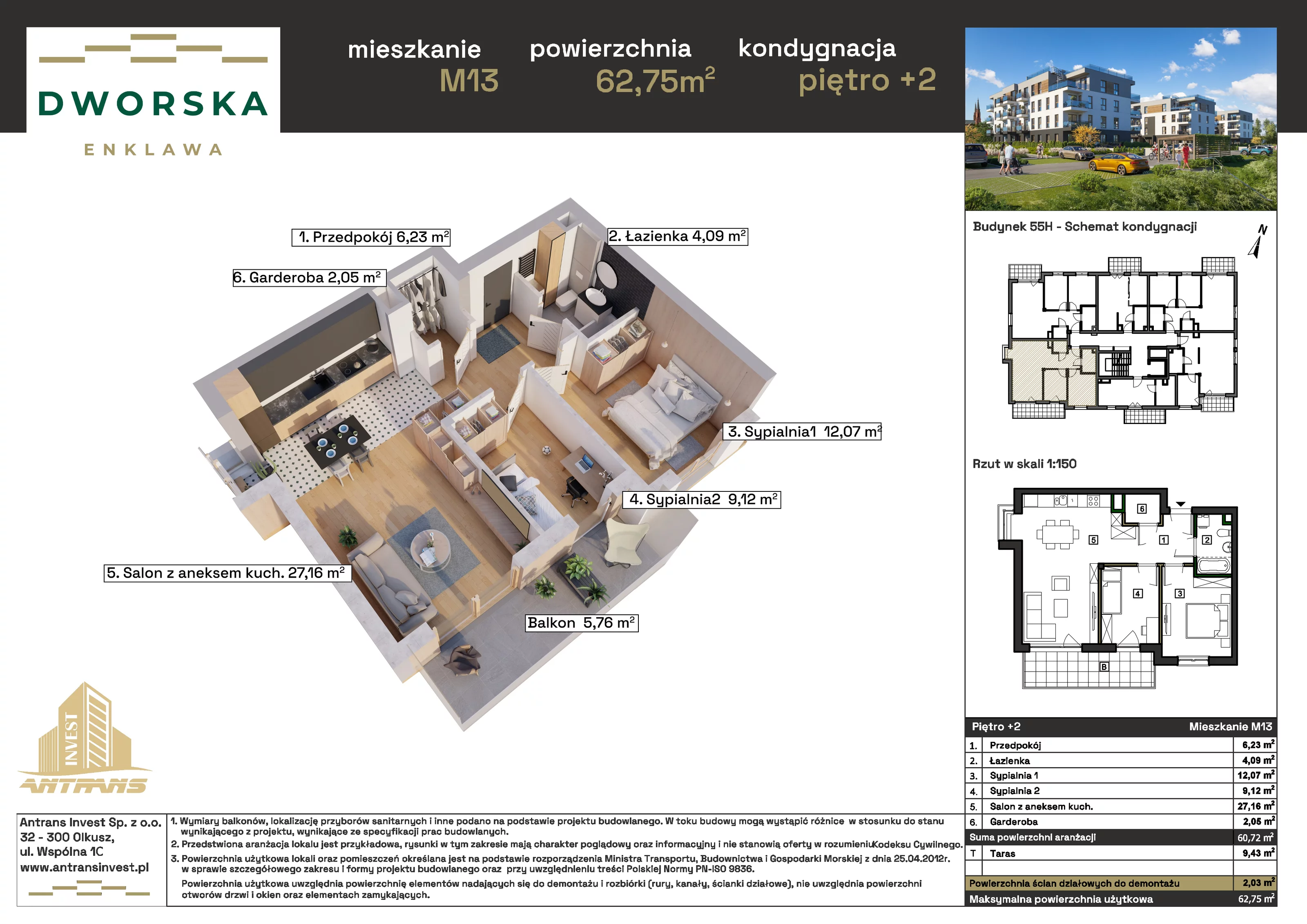 3 pokoje, mieszkanie 62,75 m², piętro 2, oferta nr 1M.13, Dworska Enklawa, Sosnowiec, Zagórze, Zagórze, ul. Dworska 40 (róg Dworskiej i Popiełuszki)