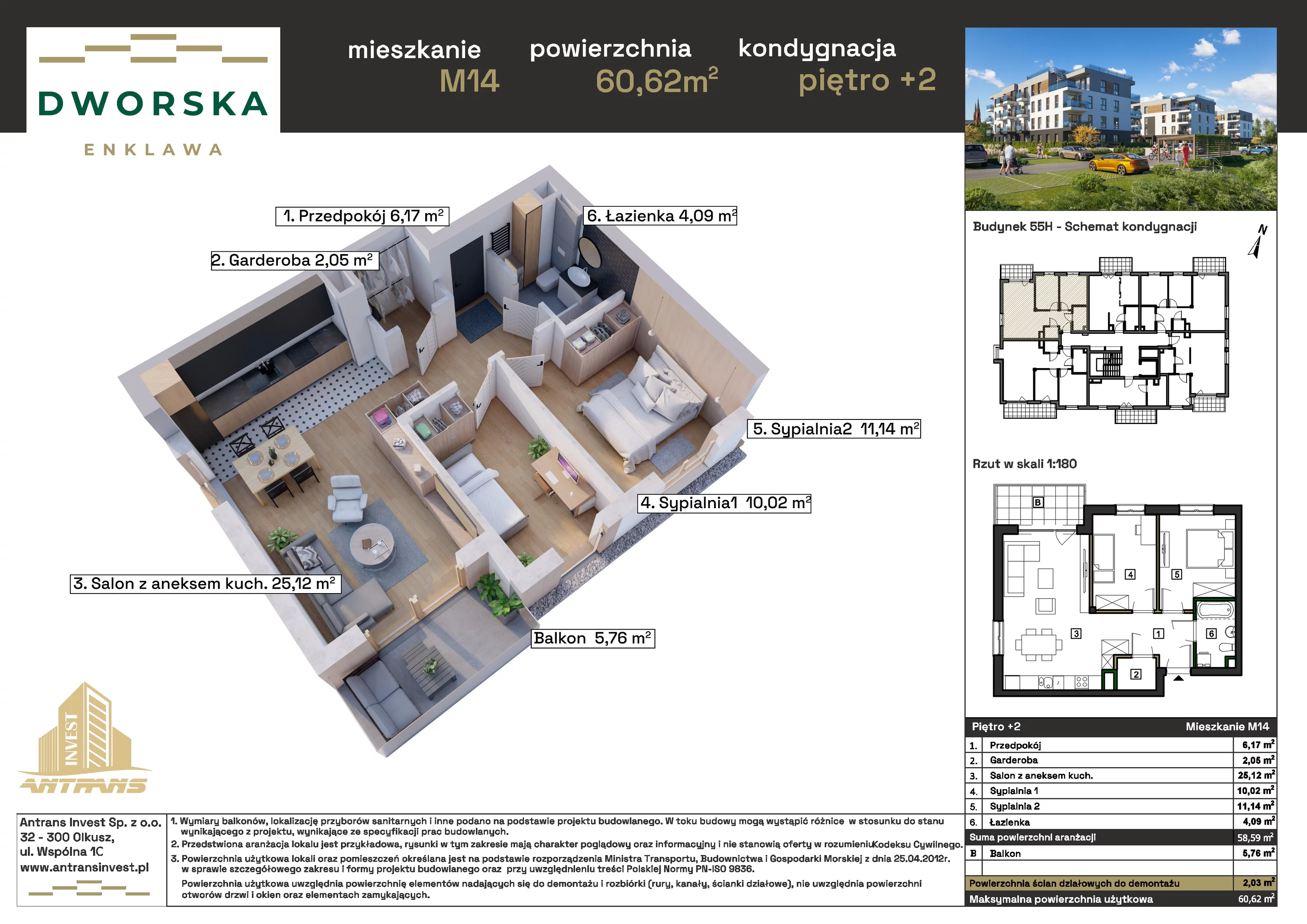 3 pokoje, mieszkanie 60,62 m², piętro 2, oferta nr 1M.14, Dworska Enklawa, Sosnowiec, Zagórze, Zagórze, ul. Dworska 40 (róg Dworskiej i Popiełuszki)