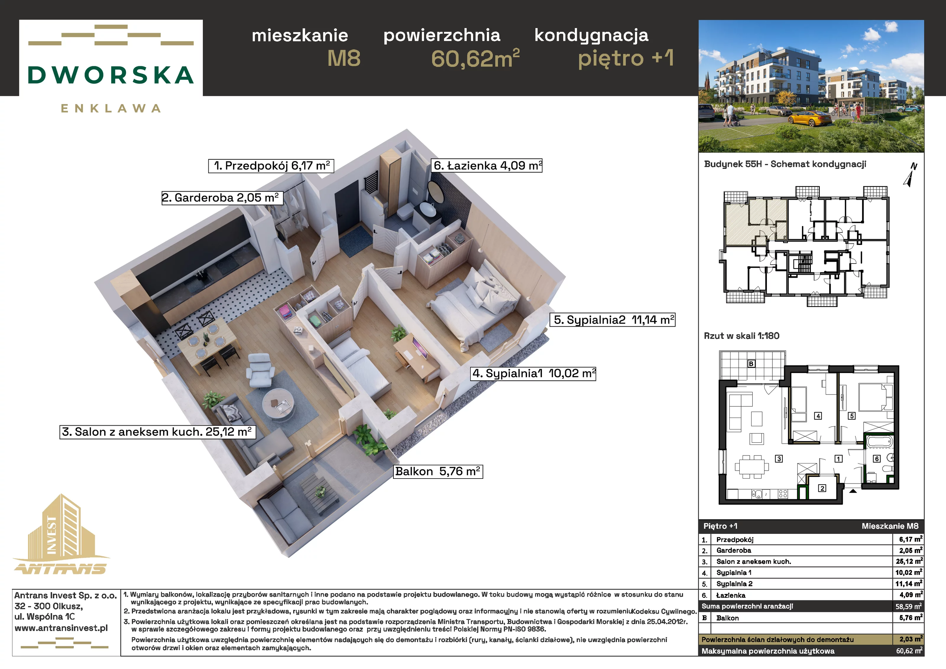 3 pokoje, mieszkanie 60,62 m², piętro 1, oferta nr 1M.8, Dworska Enklawa, Sosnowiec, Zagórze, Zagórze, ul. Dworska 40 (róg Dworskiej i Popiełuszki)
