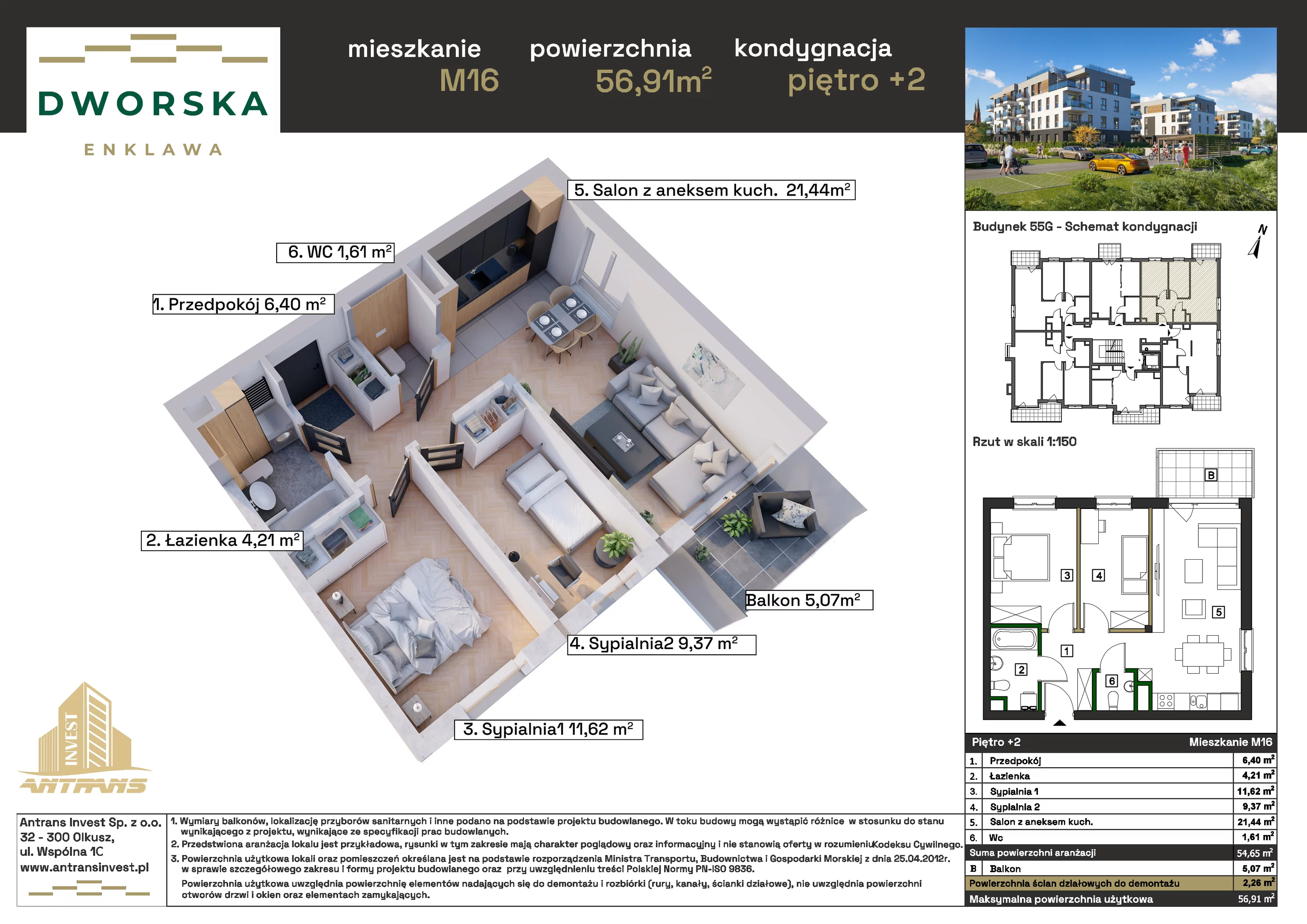 3 pokoje, mieszkanie 56,91 m², piętro 2, oferta nr 2M.16, Dworska Enklawa, Sosnowiec, Zagórze, Zagórze, ul. Dworska 40 (róg Dworskiej i Popiełuszki)