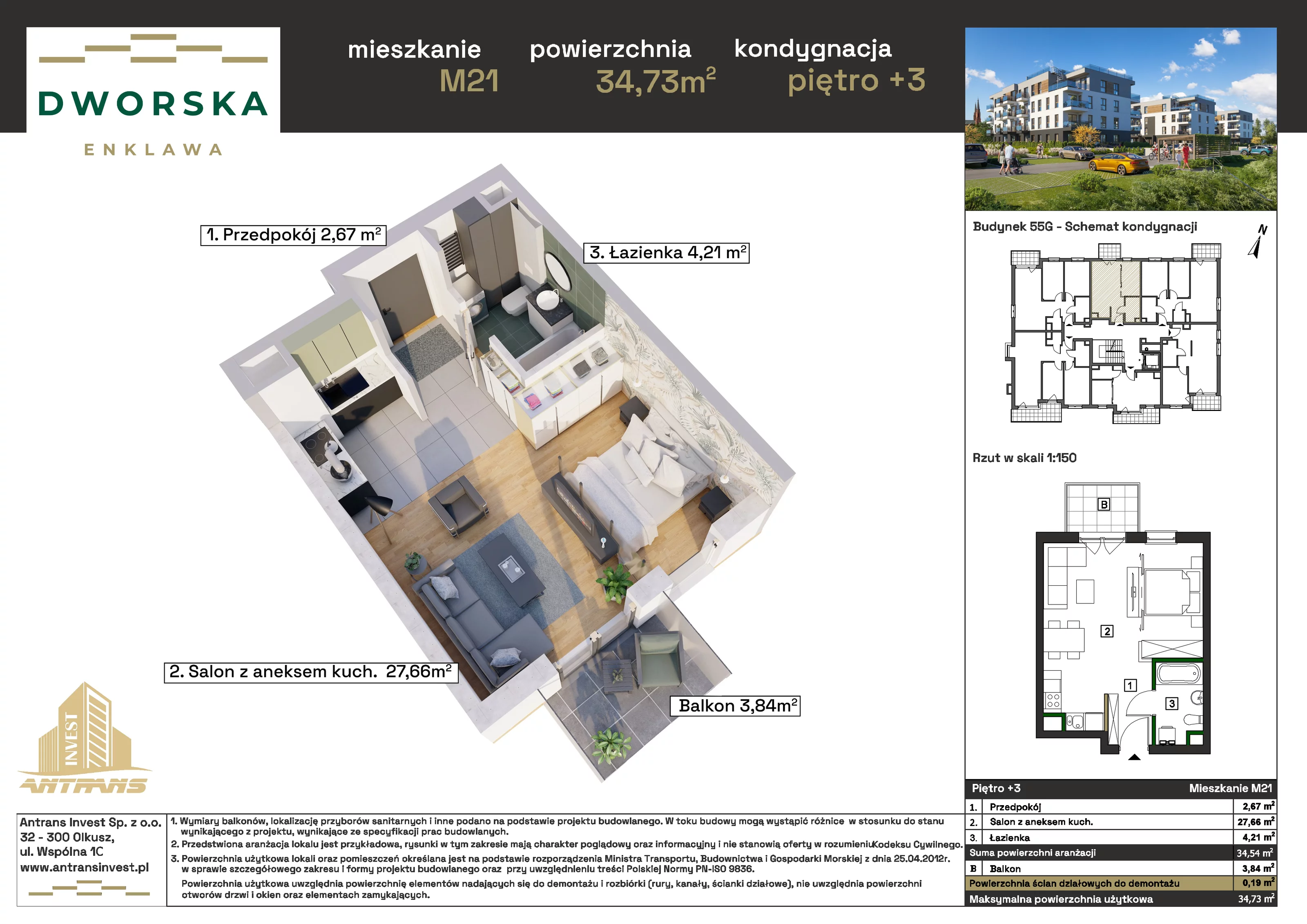 1 pokój, mieszkanie 34,73 m², piętro 3, oferta nr 2M.21, Dworska Enklawa, Sosnowiec, Zagórze, Zagórze, ul. Dworska 40 (róg Dworskiej i Popiełuszki)