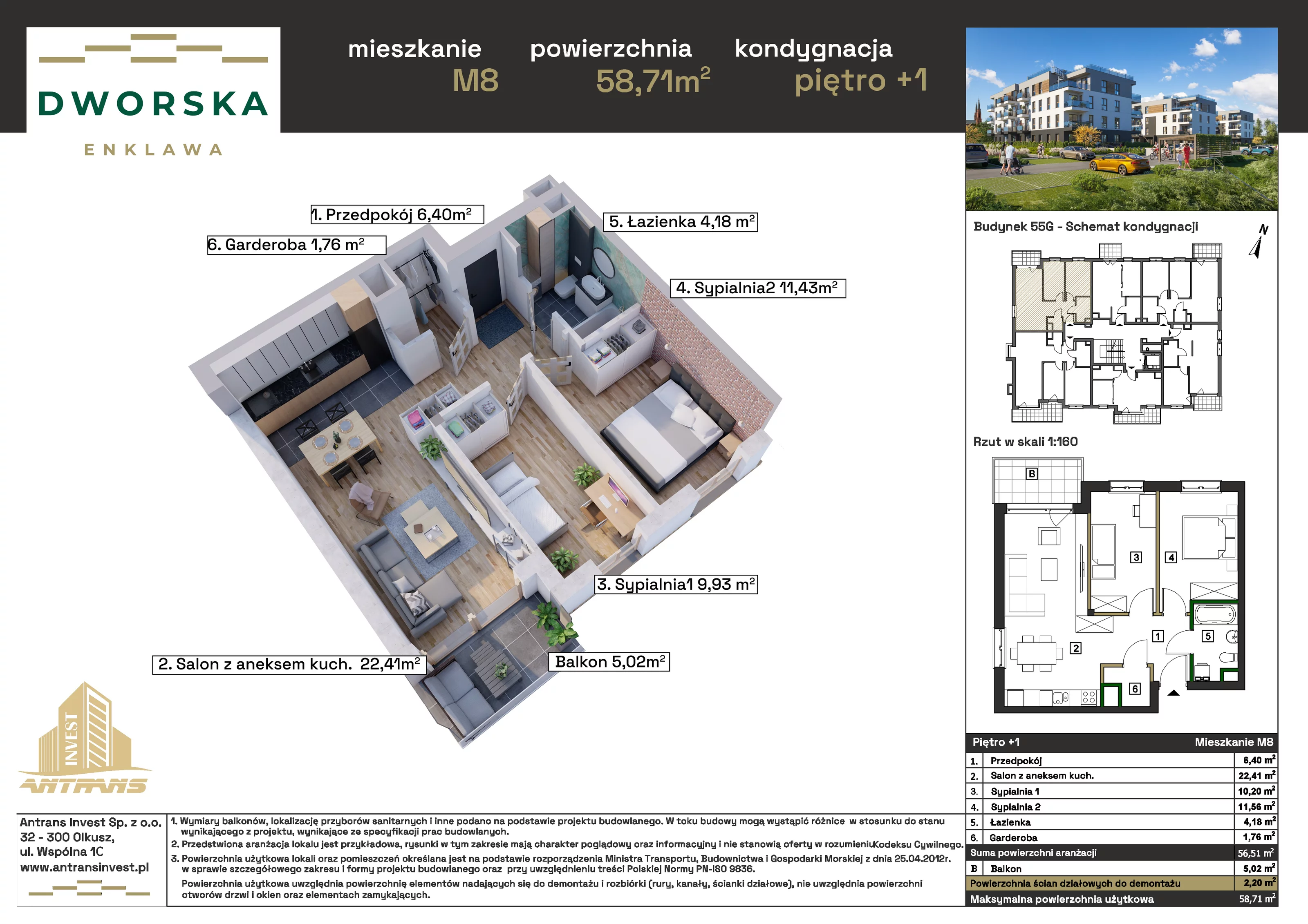 3 pokoje, mieszkanie 58,71 m², piętro 1, oferta nr 2M.8, Dworska Enklawa, Sosnowiec, Zagórze, Zagórze, ul. Dworska 40 (róg Dworskiej i Popiełuszki)