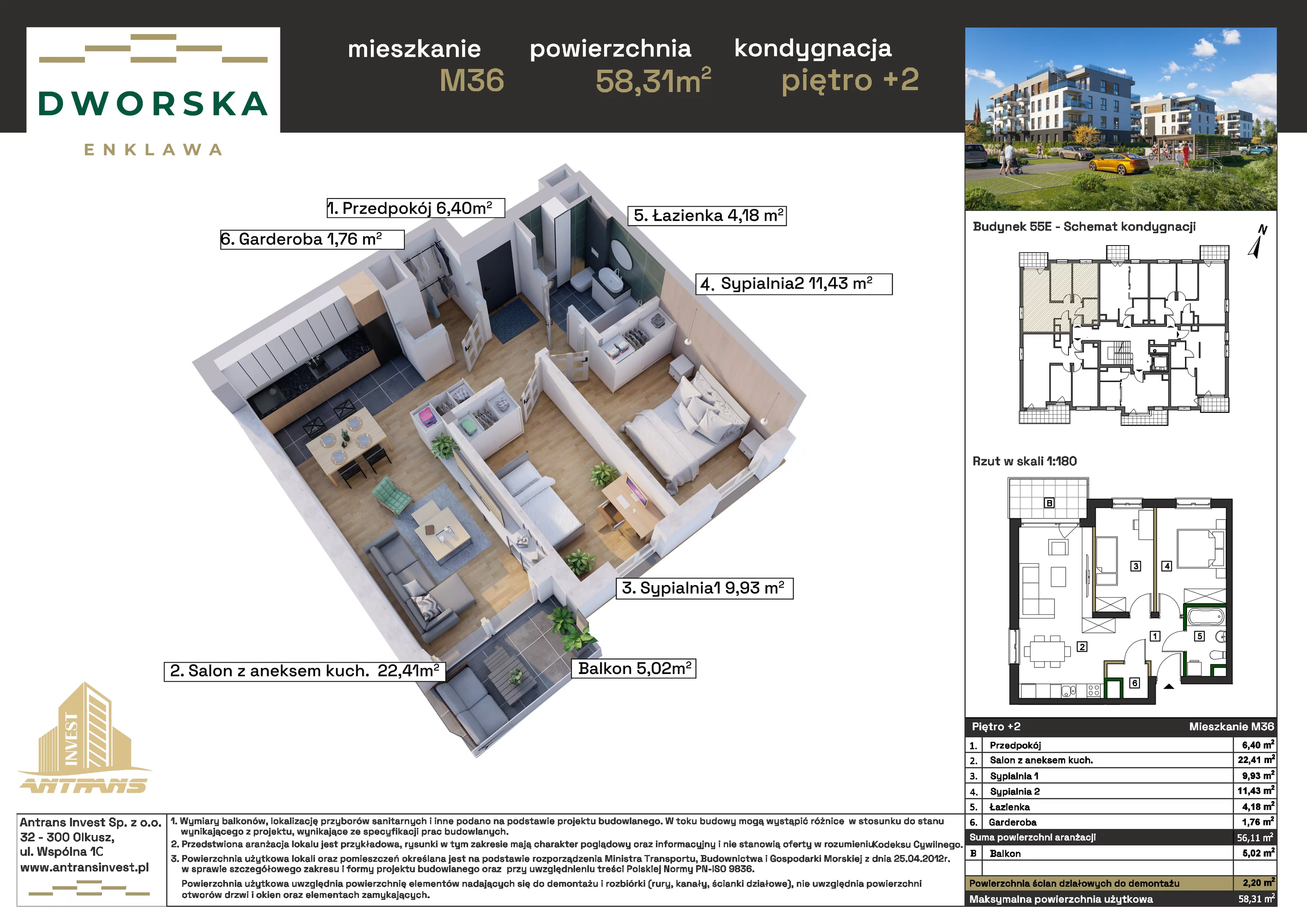 3 pokoje, mieszkanie 58,31 m², piętro 2, oferta nr 3M.36, Dworska Enklawa, Sosnowiec, Zagórze, Zagórze, ul. Dworska 40 (róg Dworskiej i Popiełuszki)