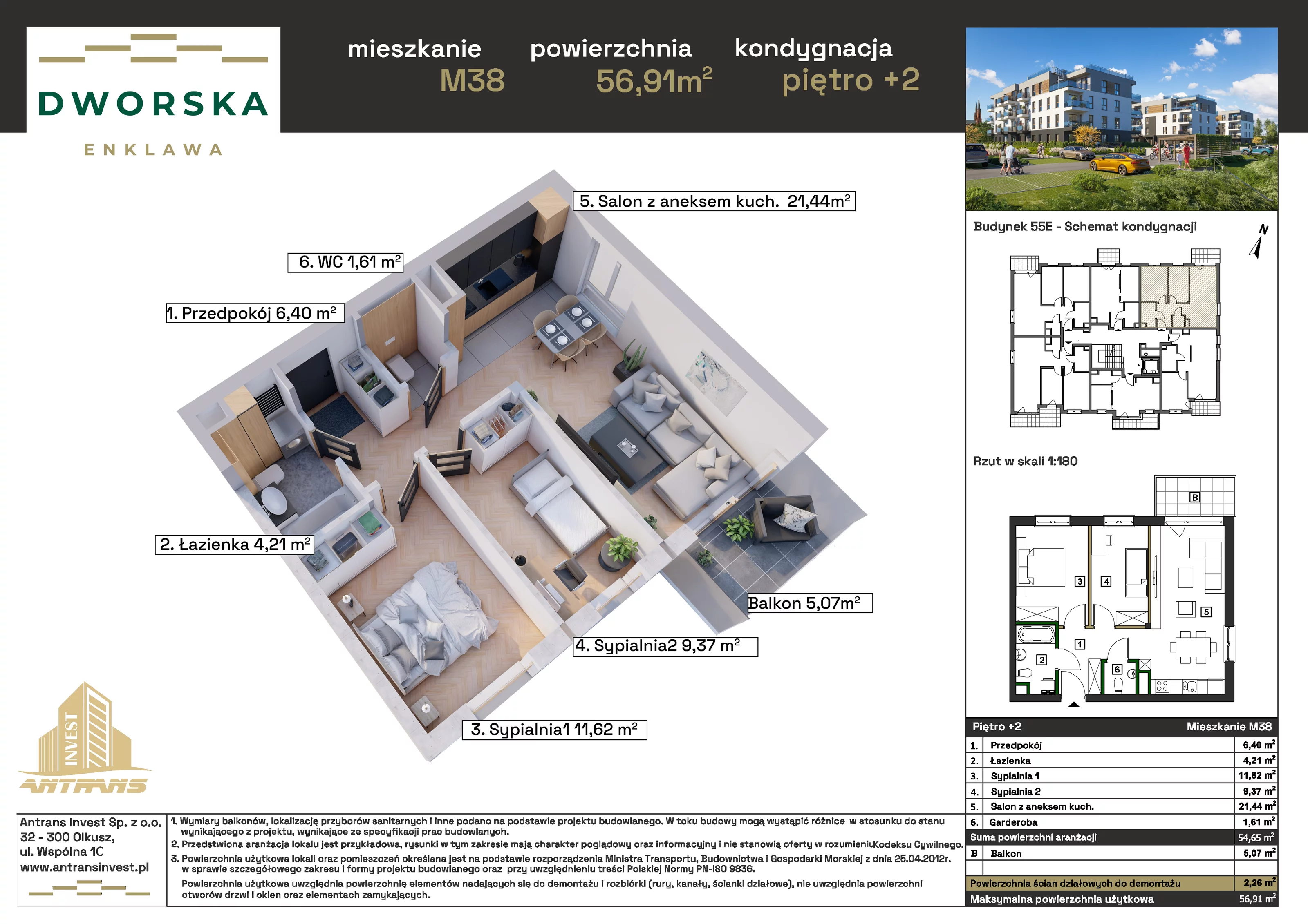 3 pokoje, mieszkanie 56,91 m², piętro 2, oferta nr 3M.38, Dworska Enklawa, Sosnowiec, Zagórze, Zagórze, ul. Dworska 40 (róg Dworskiej i Popiełuszki)