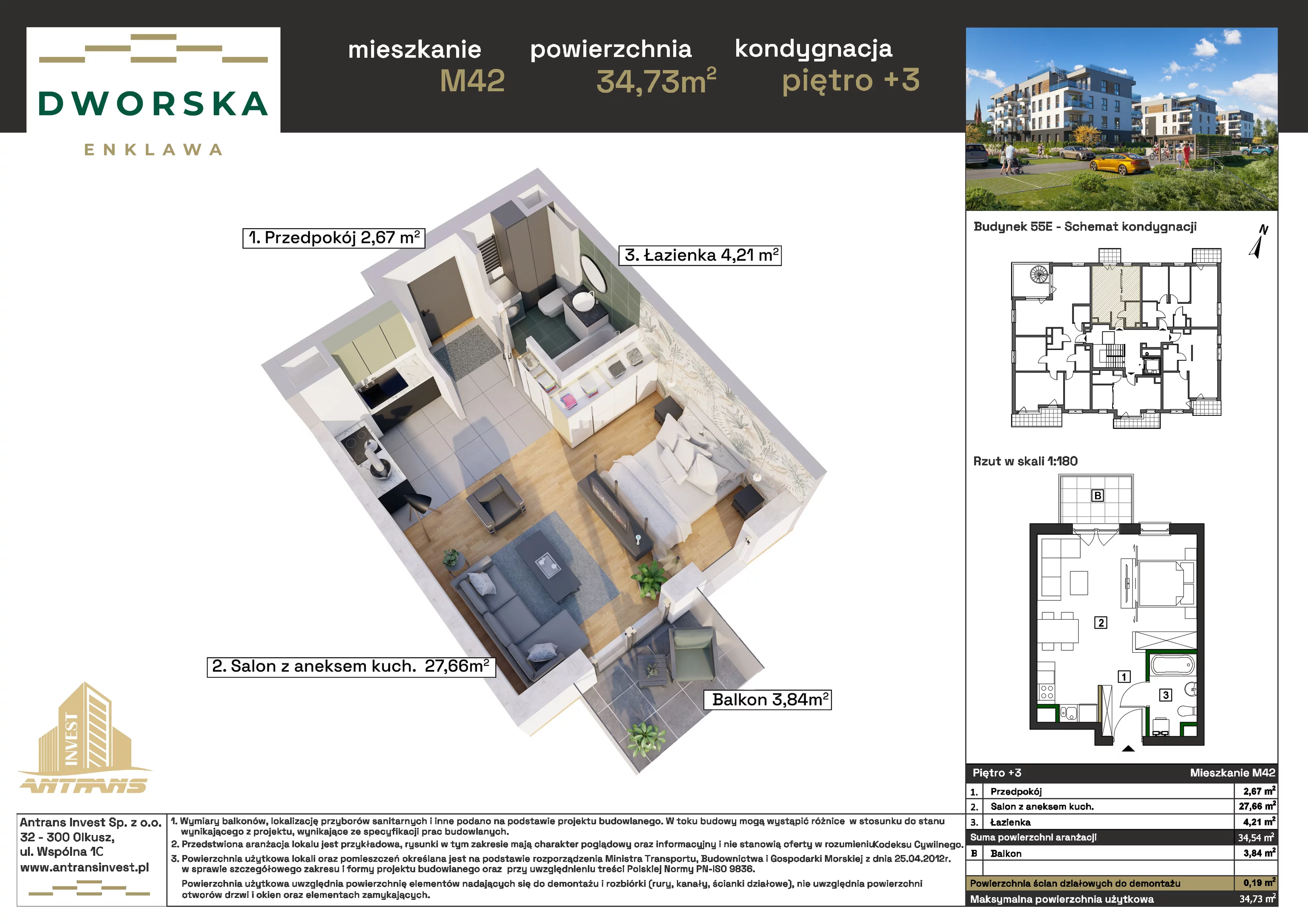 1 pokój, mieszkanie 34,73 m², piętro 3, oferta nr 3M.42, Dworska Enklawa, Sosnowiec, Zagórze, Zagórze, ul. Dworska 40 (róg Dworskiej i Popiełuszki)