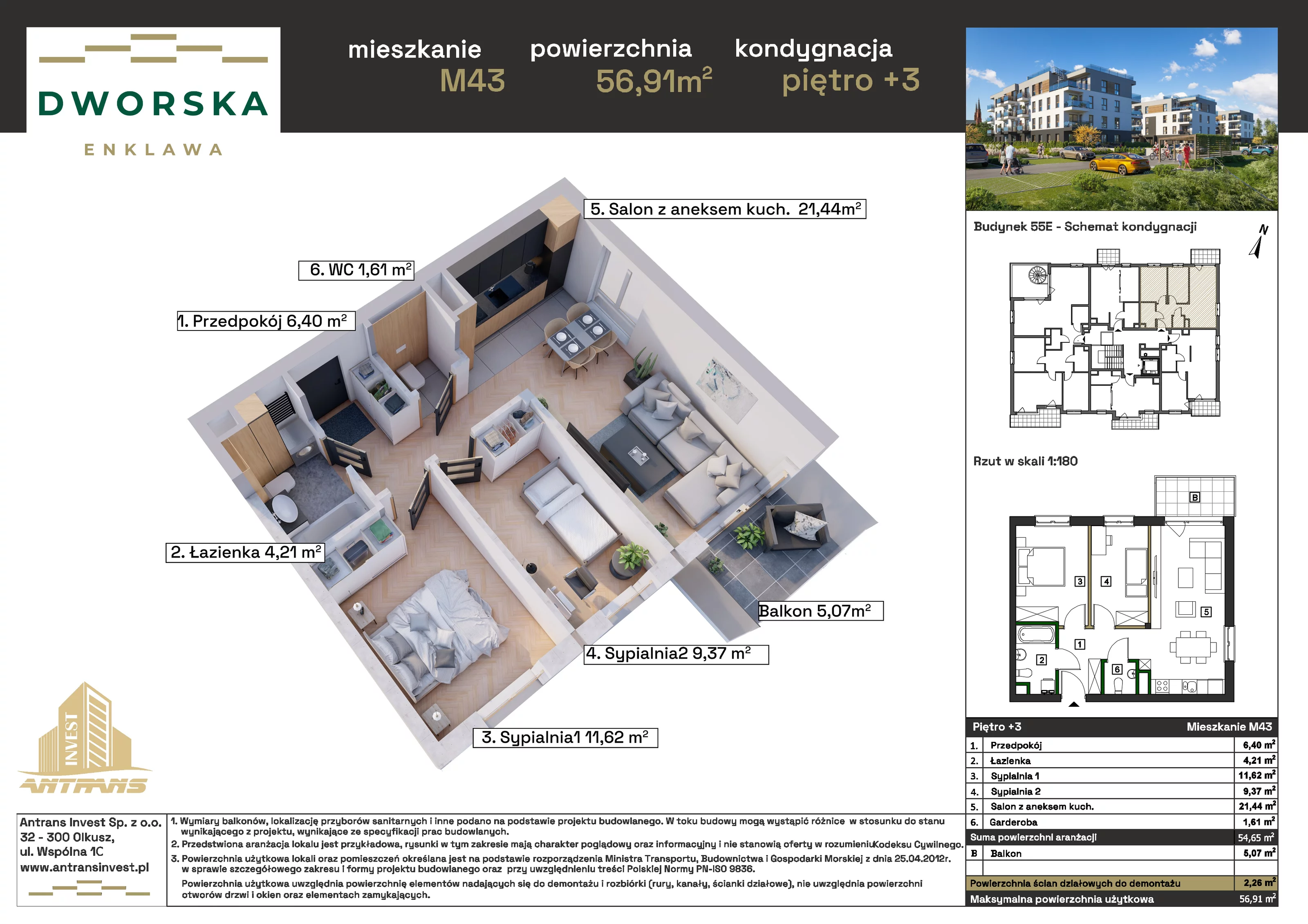 3 pokoje, mieszkanie 56,91 m², piętro 3, oferta nr 3M.43, Dworska Enklawa, Sosnowiec, Zagórze, Zagórze, ul. Dworska 40 (róg Dworskiej i Popiełuszki)