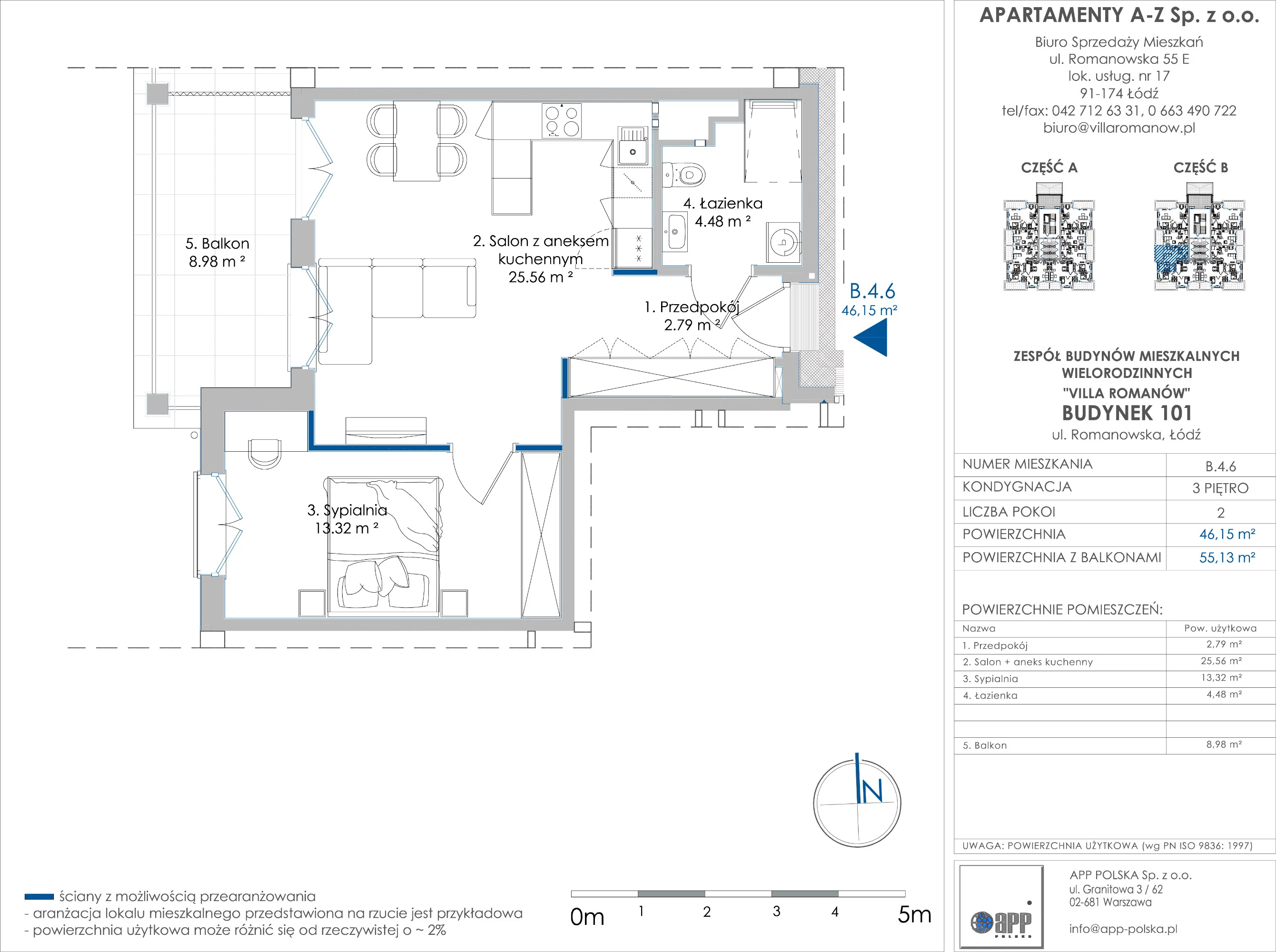 Mieszkanie 46,15 m², piętro 3, oferta nr B.4.6, Villa Romanów - Etap III, Łódź, Bałuty, Bałuty Zachodnie, ul. Romanowska