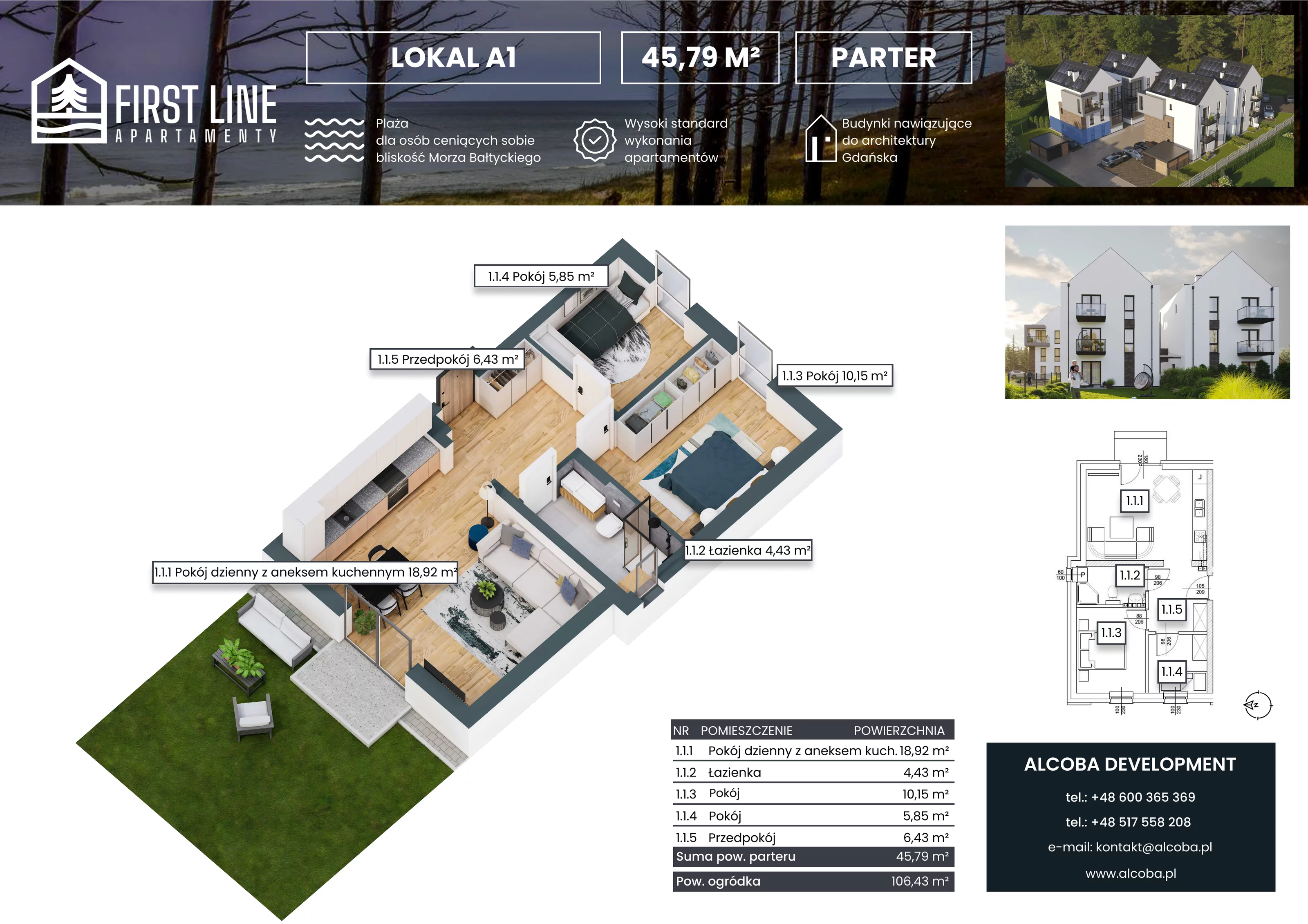 3 pokoje, apartament 45,79 m², parter, oferta nr A1, First Line Apartamenty, Gdańsk, Wyspa Sobieszewska, ul. Wiosłowa 11B