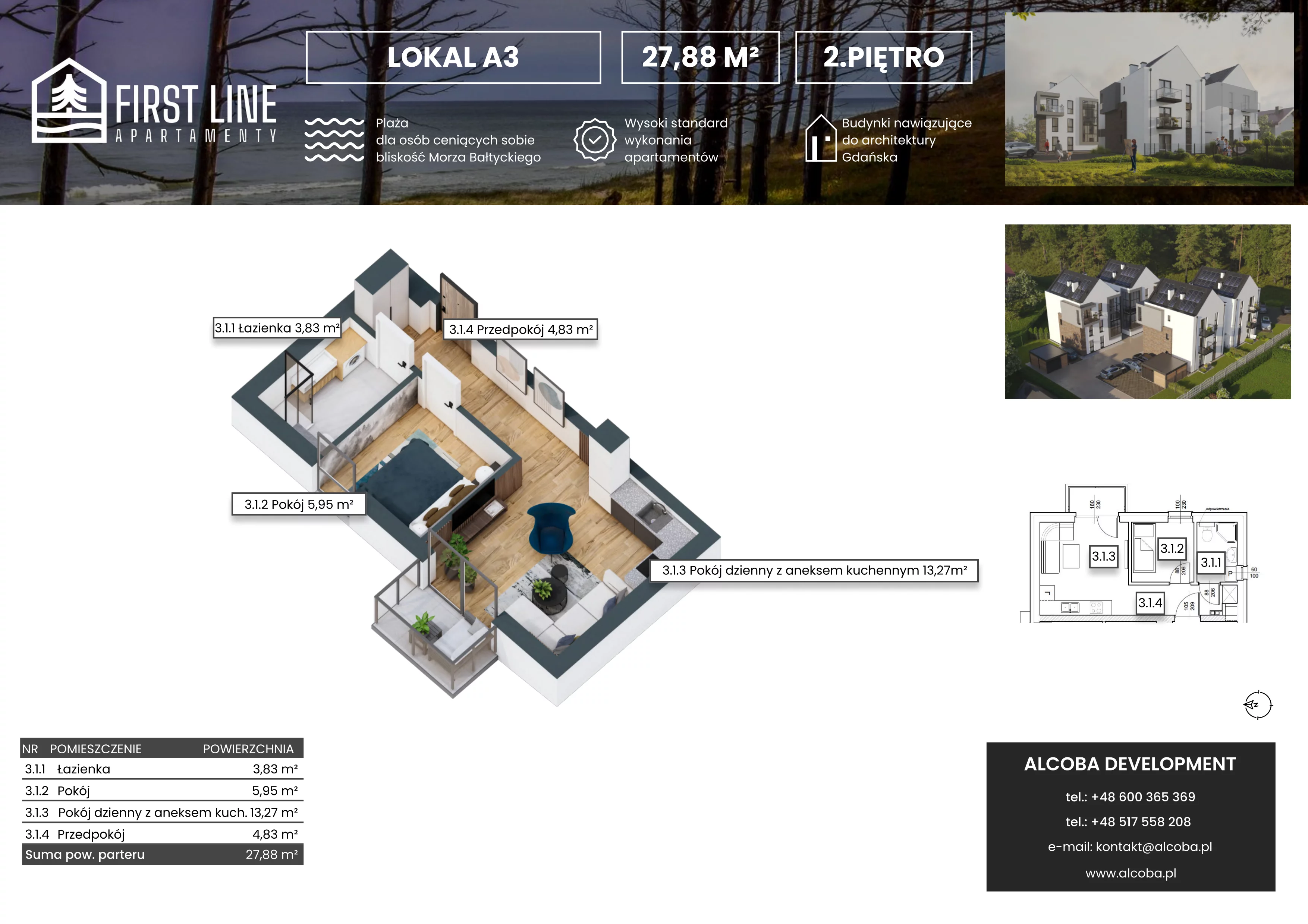 2 pokoje, apartament 27,88 m², piętro 2, oferta nr A3, First Line Apartamenty, Gdańsk, Wyspa Sobieszewska, ul. Wiosłowa 11B