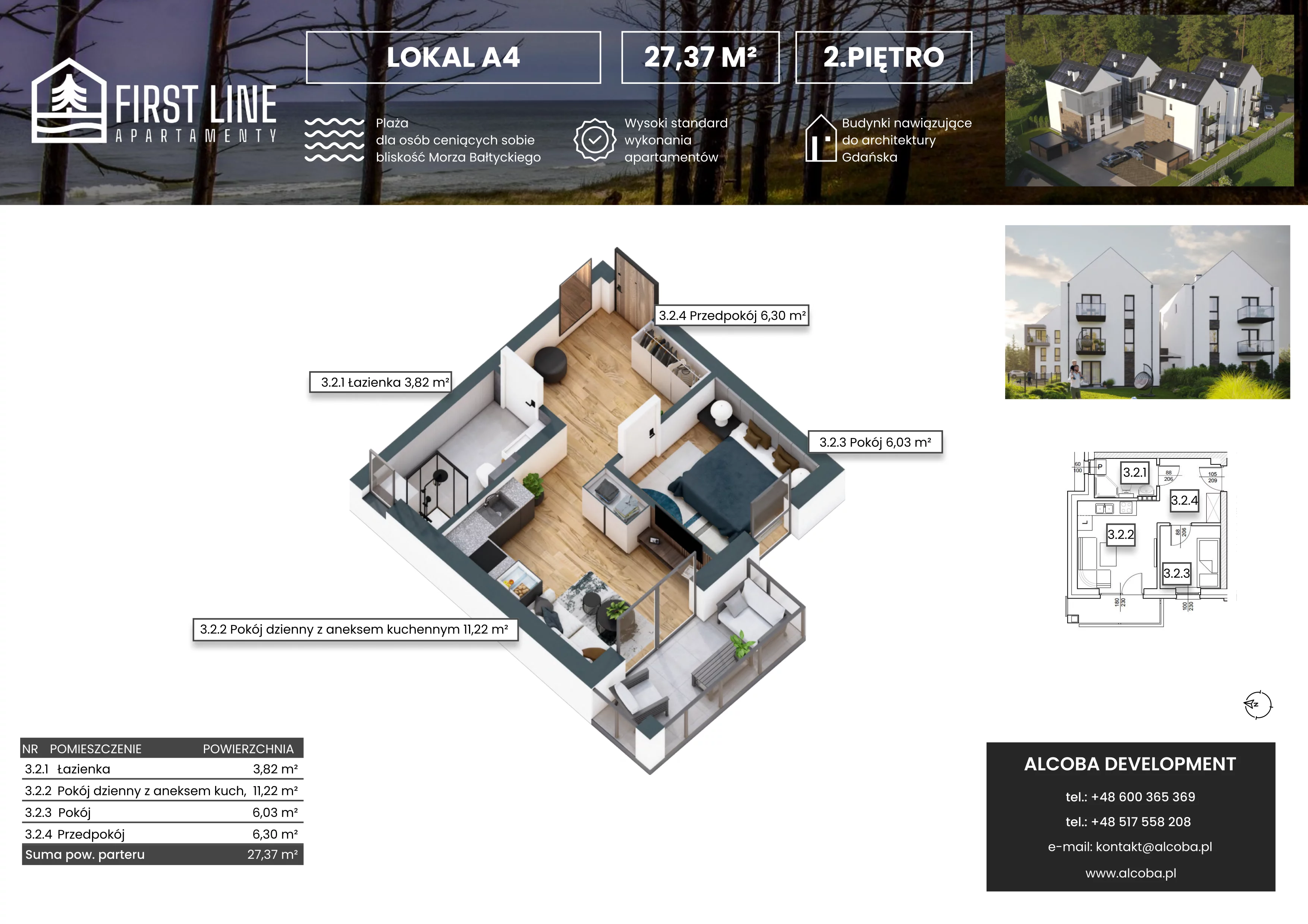 2 pokoje, apartament 27,37 m², piętro 2, oferta nr A4, First Line Apartamenty, Gdańsk, Wyspa Sobieszewska, ul. Wiosłowa 11B