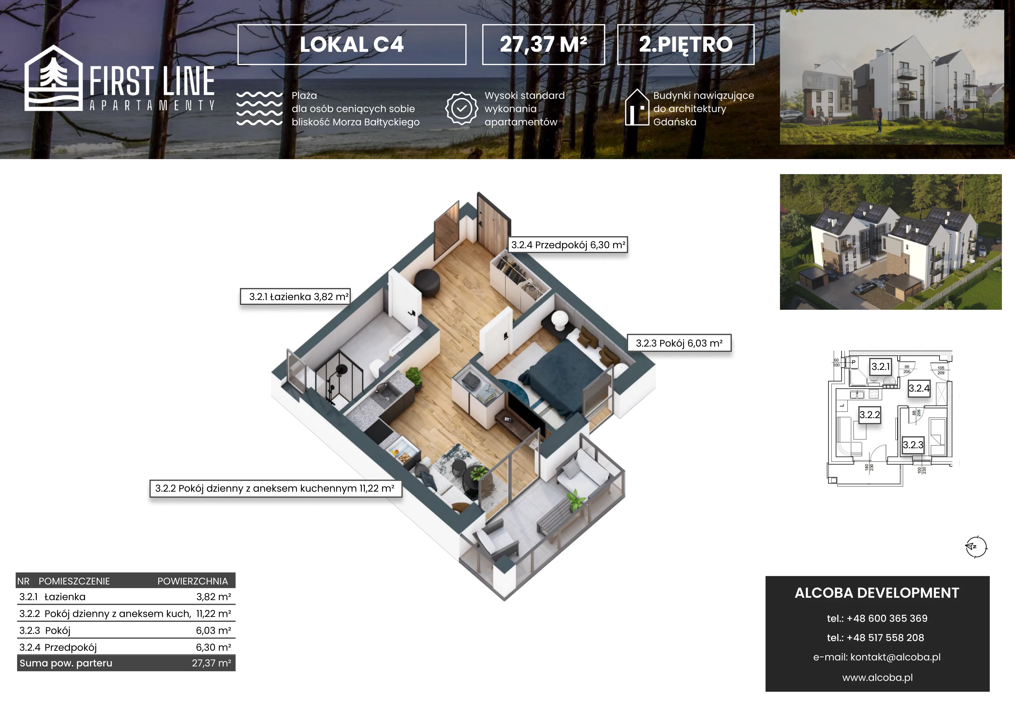2 pokoje, apartament 27,37 m², piętro 2, oferta nr C4, First Line Apartamenty, Gdańsk, Wyspa Sobieszewska, ul. Wiosłowa 11B