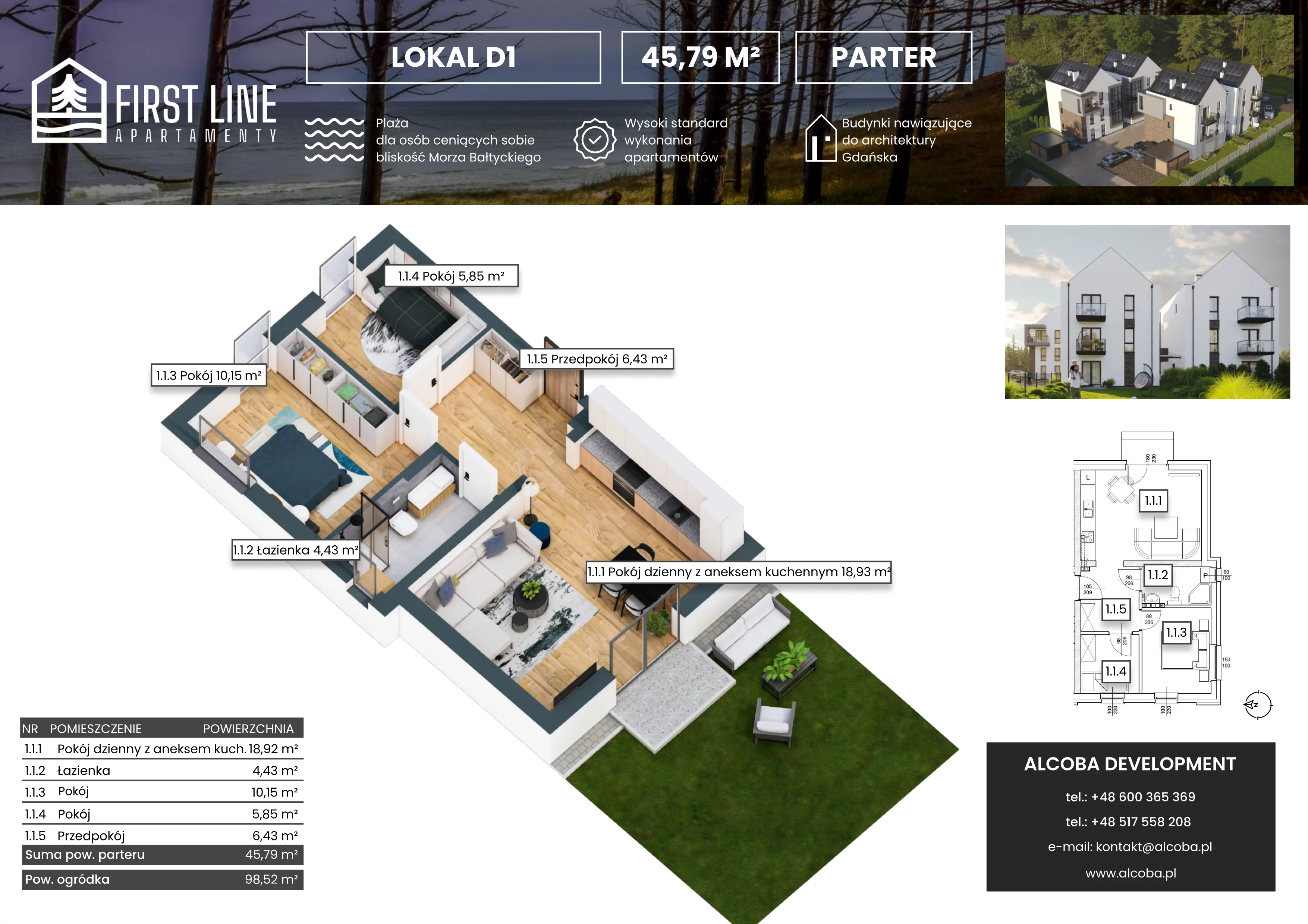 3 pokoje, apartament 45,79 m², parter, oferta nr D1, First Line Apartamenty, Gdańsk, Wyspa Sobieszewska, ul. Wiosłowa 11B