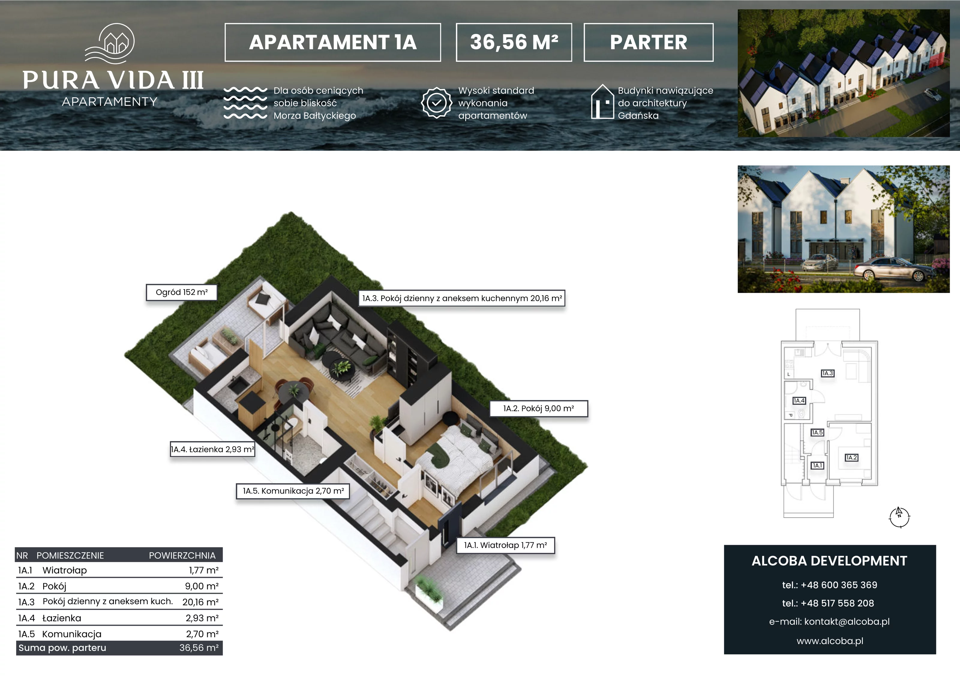 2 pokoje, apartament 36,56 m², parter, oferta nr 1A, Pura Vida III , Gdańsk, Wyspa Sobieszewska, ul. Uzdrowiskowa
