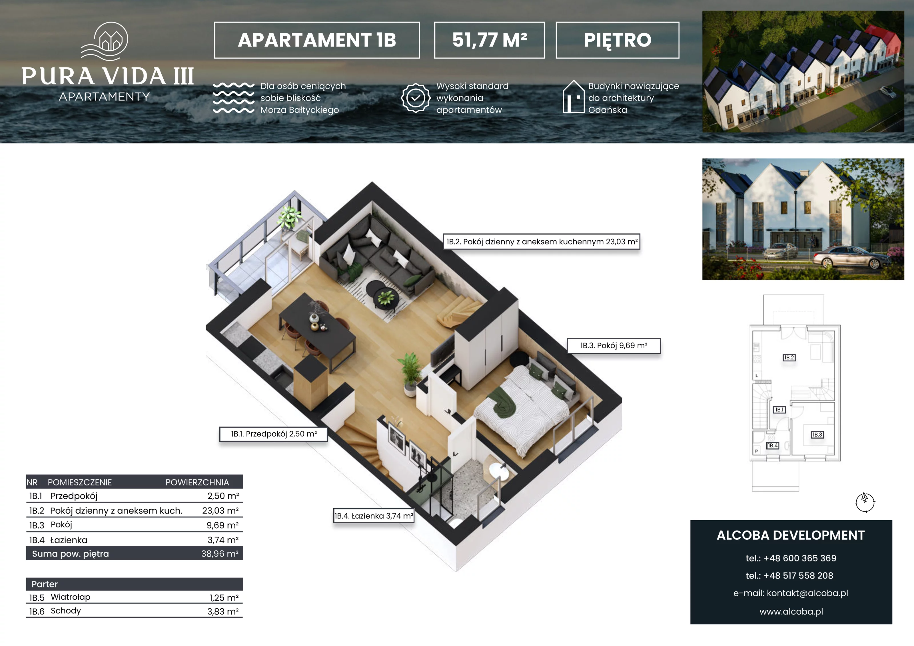 3 pokoje, apartament 51,77 m², piętro 1, oferta nr 1B, Pura Vida III , Gdańsk, Wyspa Sobieszewska, ul. Uzdrowiskowa