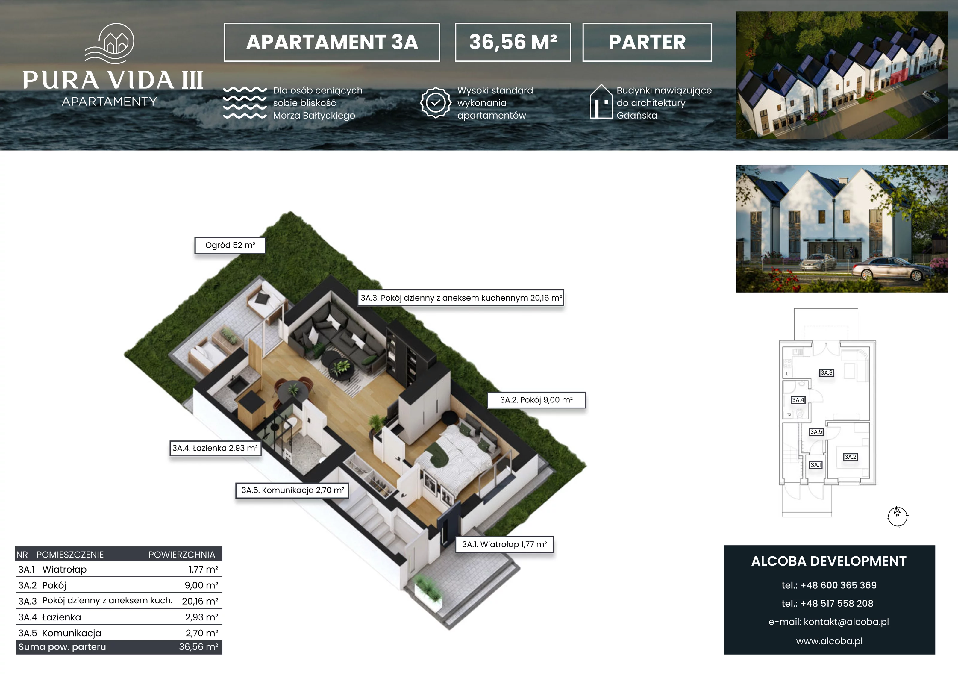 2 pokoje, apartament 36,56 m², parter, oferta nr 3A, Pura Vida III , Gdańsk, Wyspa Sobieszewska, ul. Uzdrowiskowa