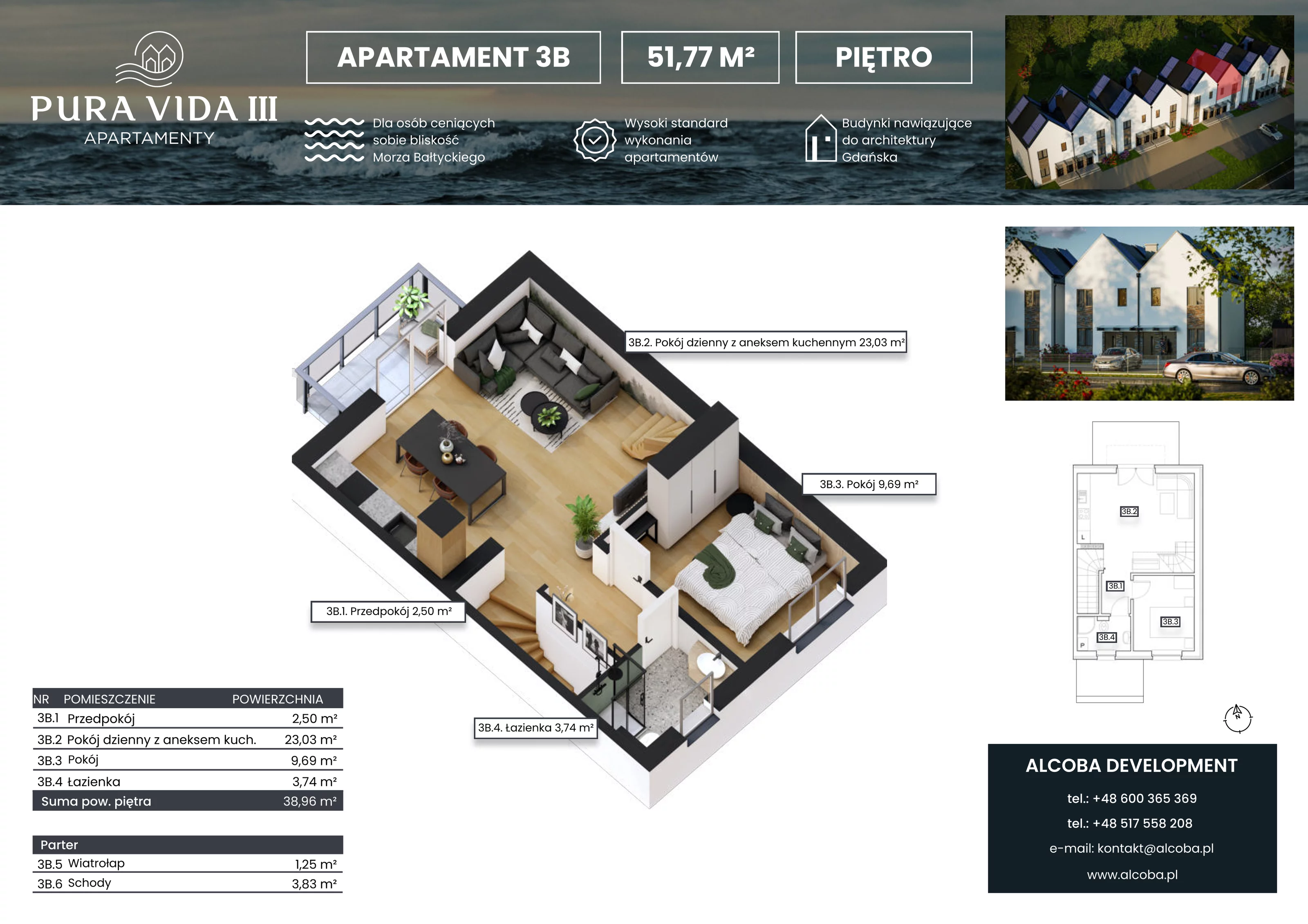 3 pokoje, apartament 51,77 m², piętro 1, oferta nr 3B, Pura Vida III , Gdańsk, Wyspa Sobieszewska, ul. Uzdrowiskowa