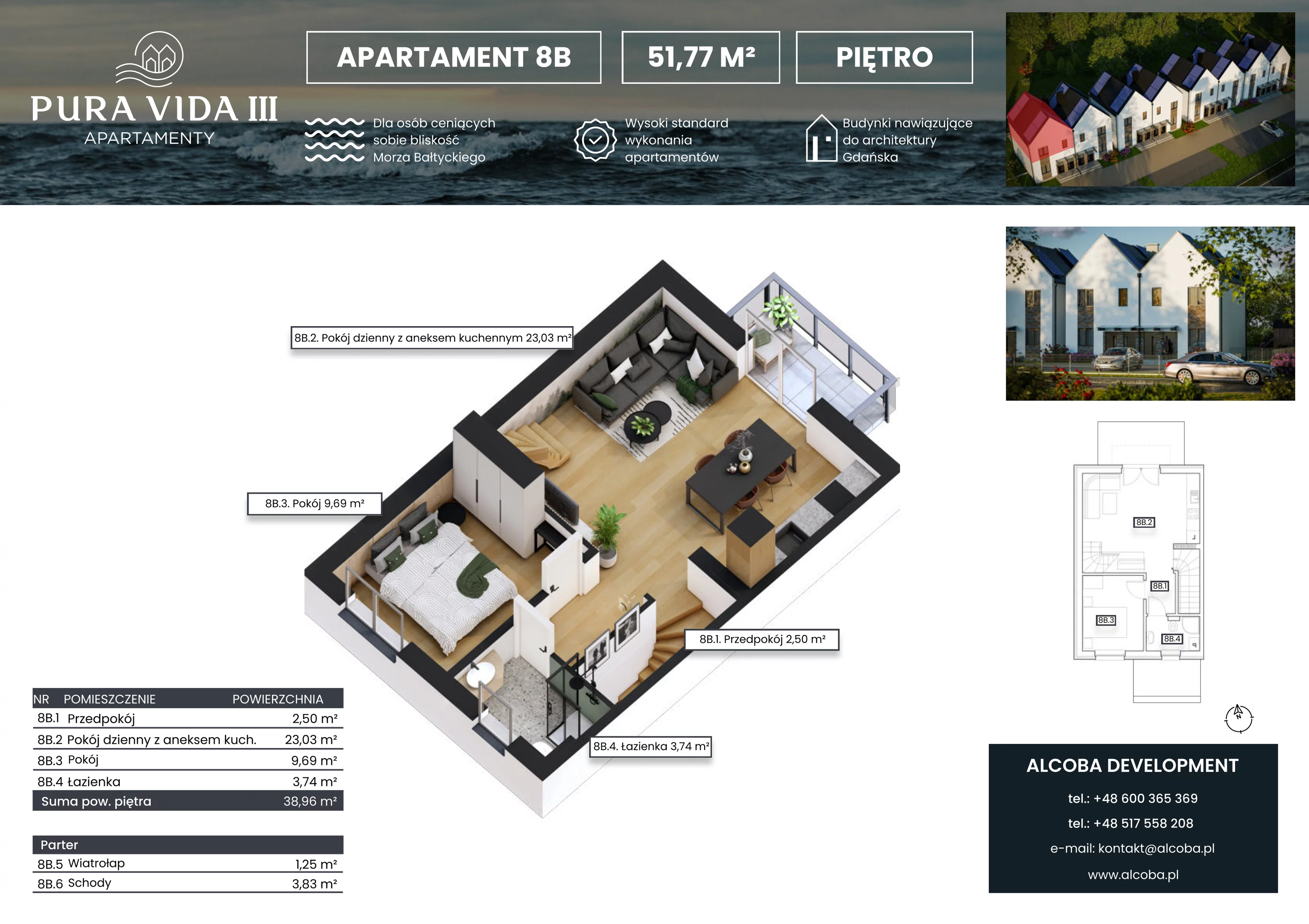 3 pokoje, apartament 51,77 m², piętro 1, oferta nr 8B, Pura Vida III , Gdańsk, Wyspa Sobieszewska, ul. Uzdrowiskowa