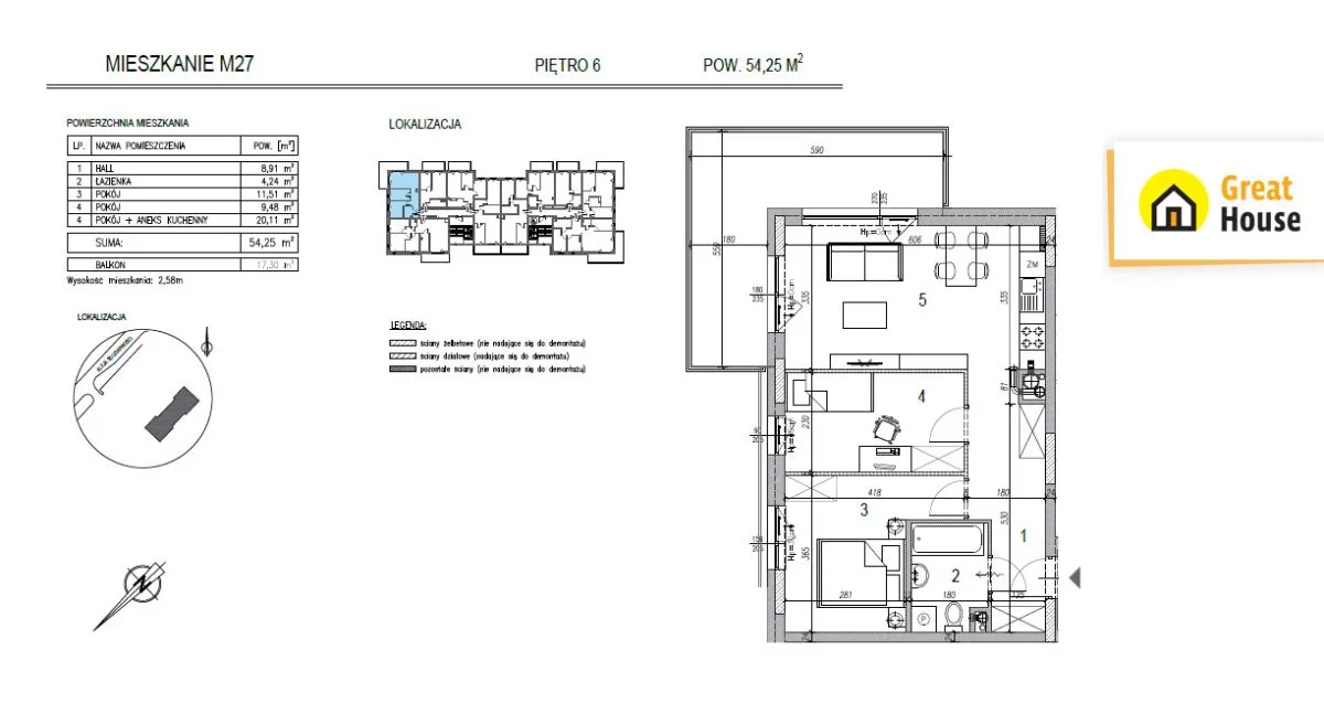 Apartament na sprzedaż, 54,50 m², 3 pokoje, piętro 6, oferta nr GH692929