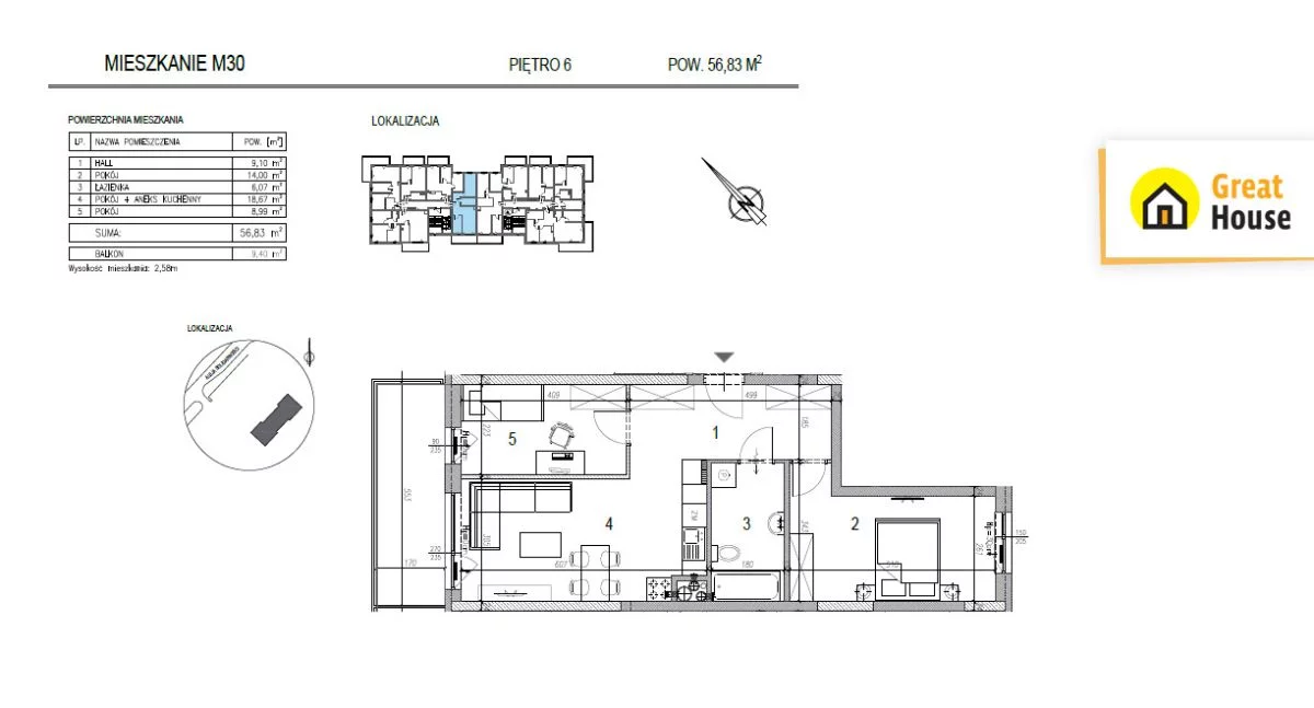 Apartament na sprzedaż, 57,00 m², 3 pokoje, piętro 6, oferta nr GH822731