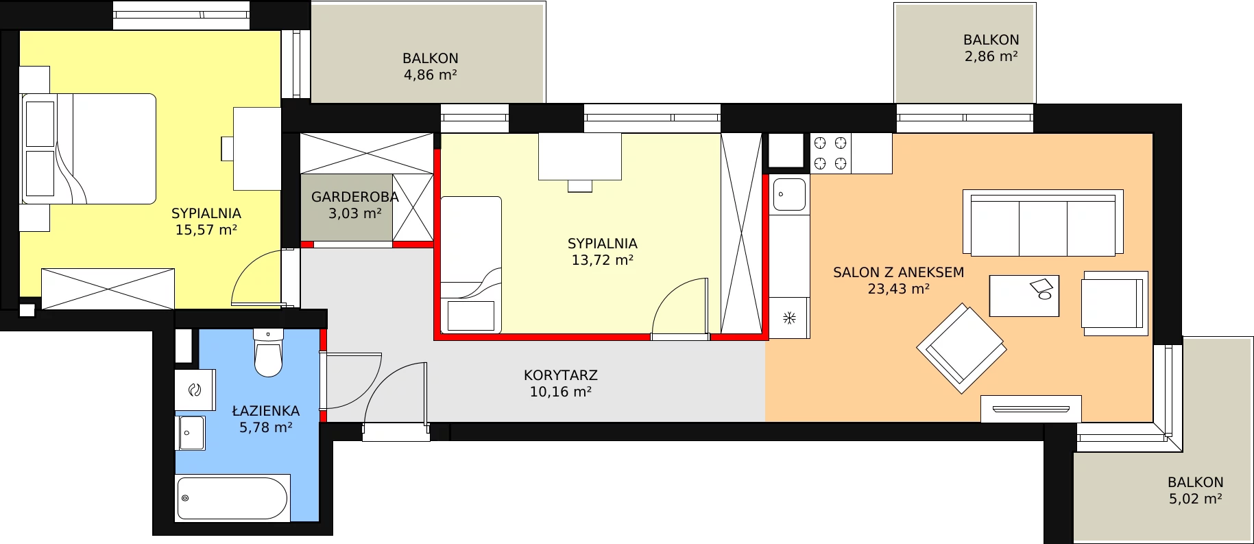 Mieszkanie 73,04 m², piętro 5, oferta nr 140, Perła Piotrkowska, Łódź, Śródmieście, Osiedle Katedralna, ul. Piotrkowska 252/256