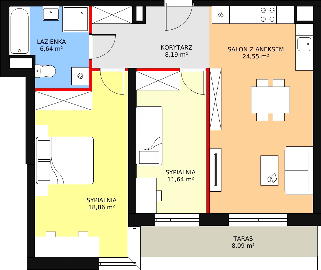 Mieszkanie 71,22 m², piętro 1, oferta nr 107, Perła Piotrkowska, Łódź, Śródmieście, Osiedle Katedralna, ul. Piotrkowska 252/256